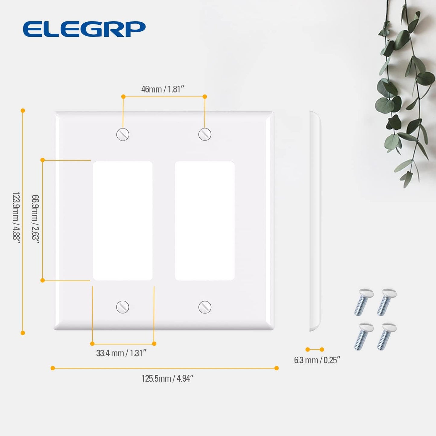 ELEGRP 2-Gang Decorative Wall Plates, Mid-Size 4.88" H x 4.94" L Unbreakable Thermoplastic Faceplate Cover for Decorator Receptacle Outlet Switch, UL Listed (1 Pack, Glossy White)