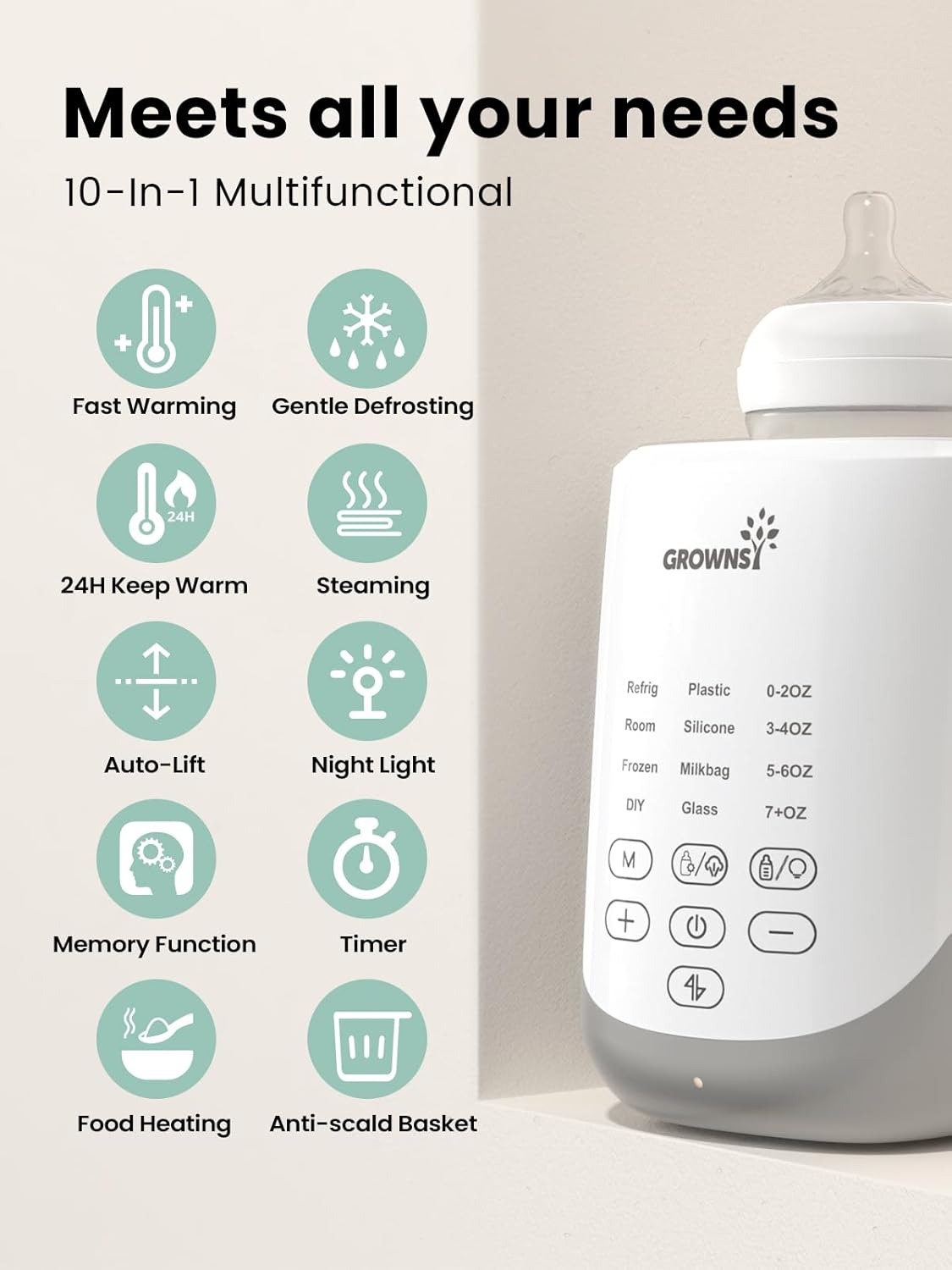 GROWNSY Nutri Bottle Warmer with Innovative Auto-Lift Feature, 10-in-1 Fast Baby Bottle Warmer with
