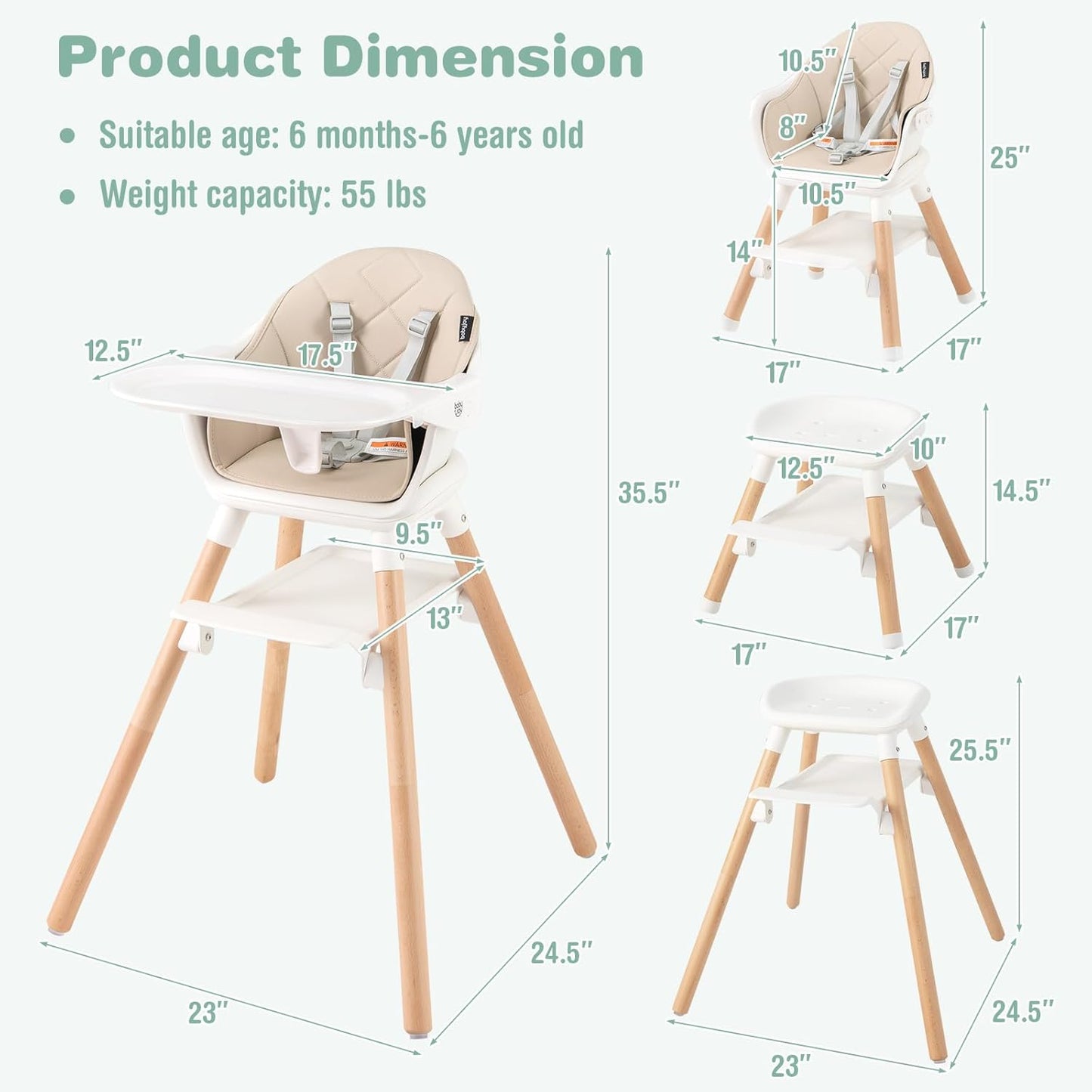 BABY JOY High Chair, 6 in 1 Convertible Wooden Highchair for Babies & Toddlers with Adjustable