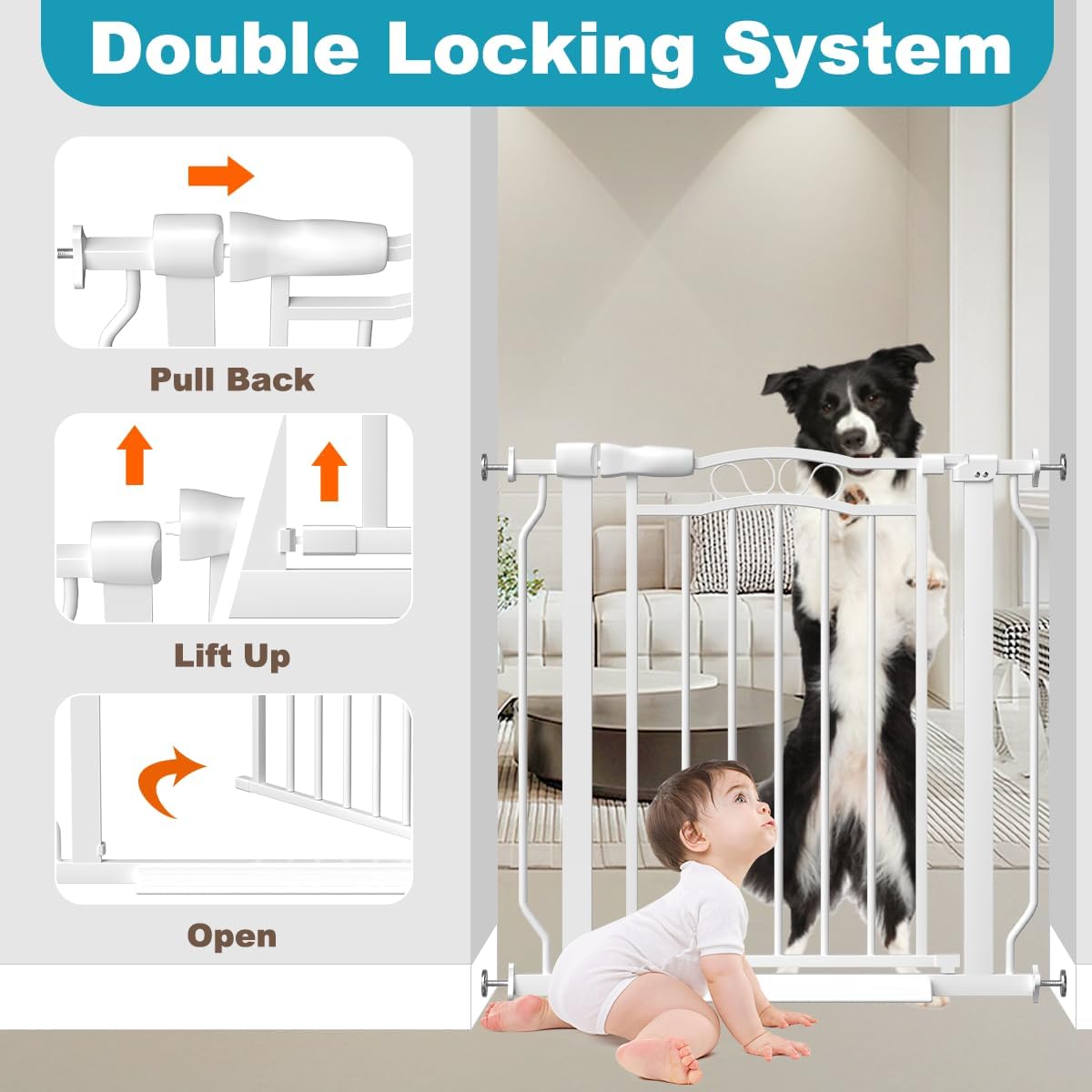 Extra Wide Baby Gate for Doorways 29.9"-53.1", Pressure Mounted Dog Gates With Door, Child Safety Barrier Walk Thru Indoor, Large Babygate Long for Kids Toddler Pet Outside, 30 In Tall White