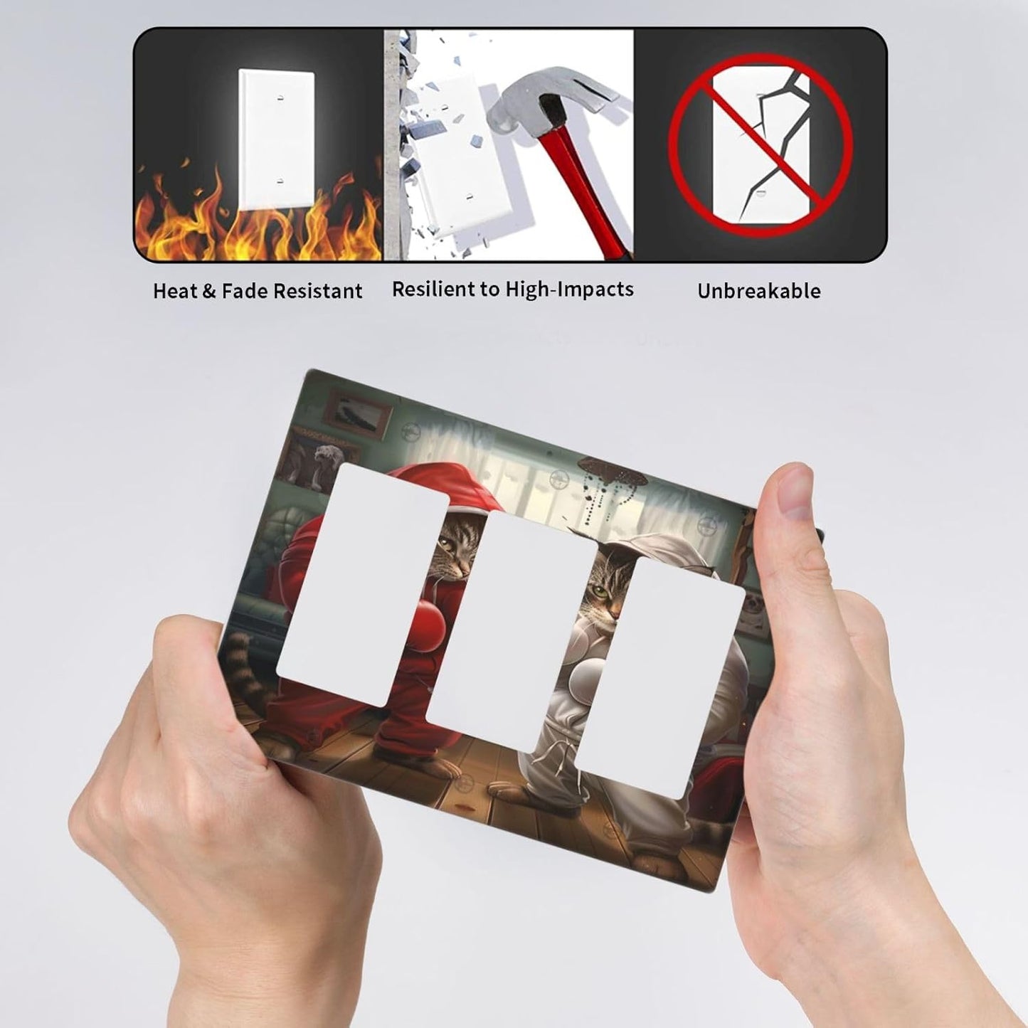 Decorative Outlet Covers Funny Red Boxing Cats White Tomcat 3 Gang Wall Plate Triple Rocker Light Switch Cover Plate Jumbo Electrical GFCI Faceplate for Bedroom Home Decor