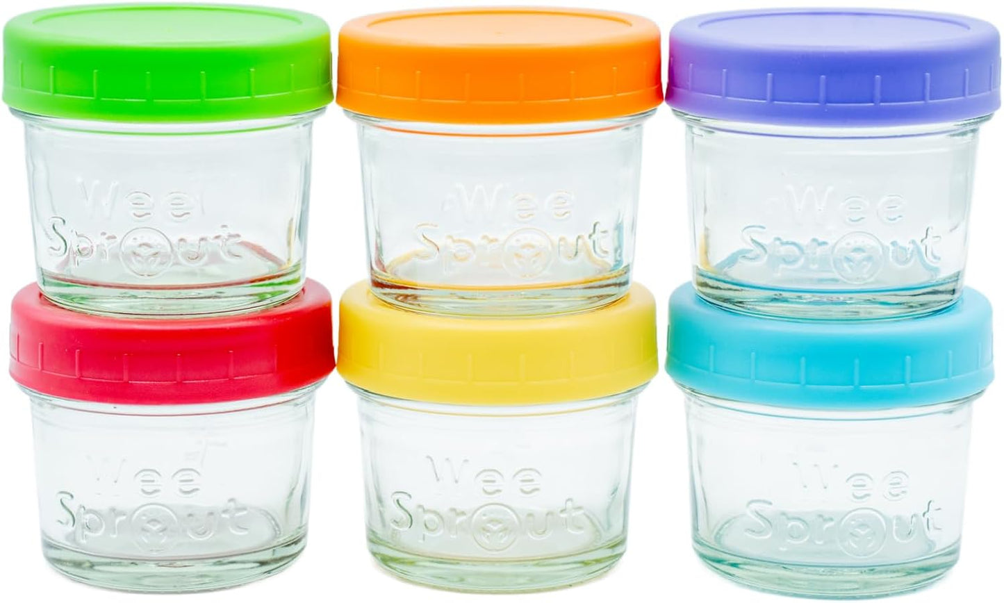 WeeSprout Glass Baby Food Storage Jars w/Lids (4 oz, 6 Pack Set) Snack, Puree, Reusable Small