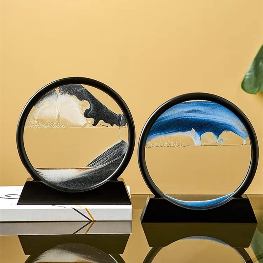 Moving Sand Art Picture in Motion Round Glass 3D Deep Sea Landscape, Dynamic Sand Art Sandscapes, Sensory Relaxing Desktop Table Decor Desk Decor Art Desk (12 inch, Black)