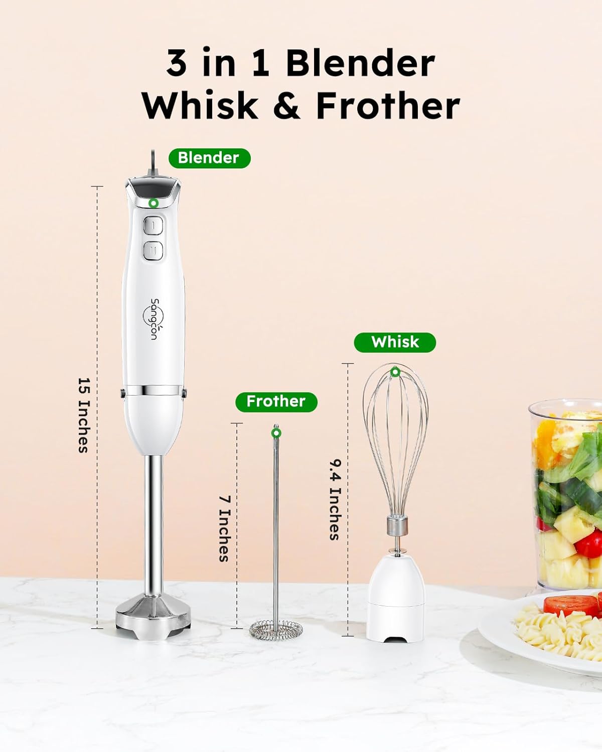 Sangcon Immersion Blender Handheld, 3-in-1 Hand Blender Electric, 400W Handheld Blender, Stainless