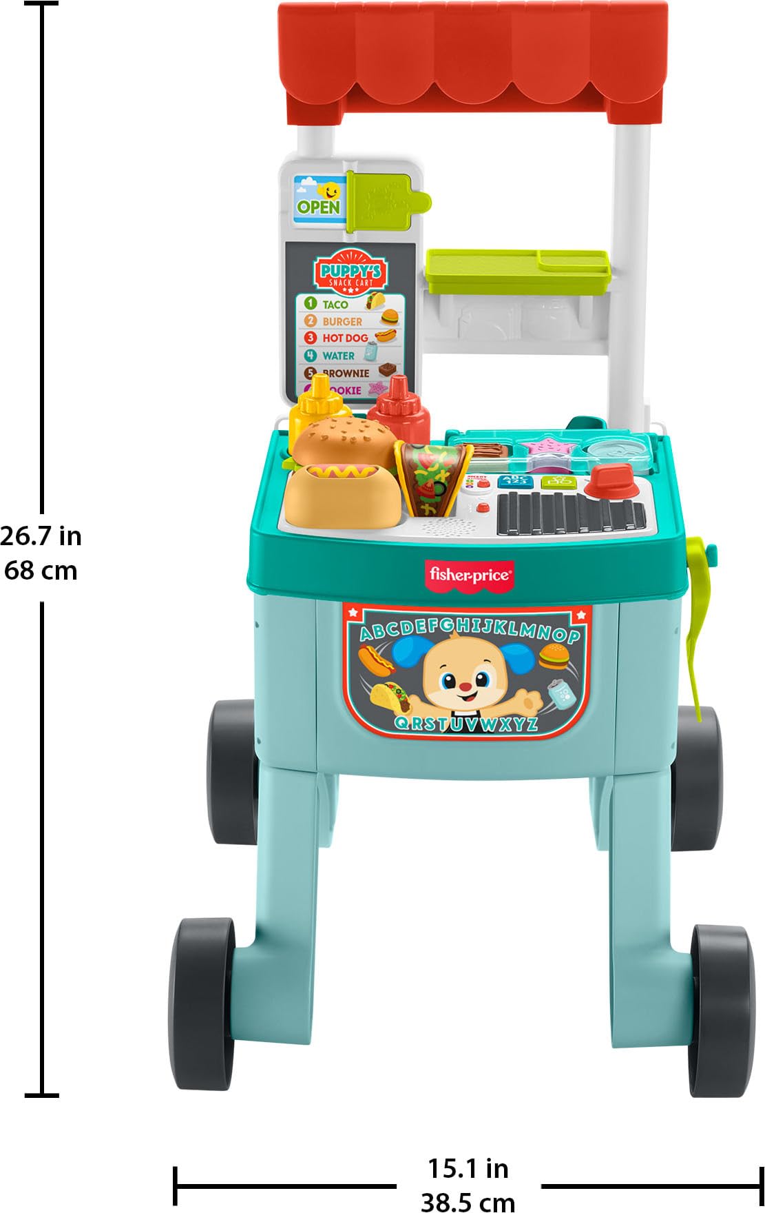Fisher-Price Baby Push Toy 4-in-1 Snack Cart Walker Learning Activity, 14 Pieces for Pretend Play