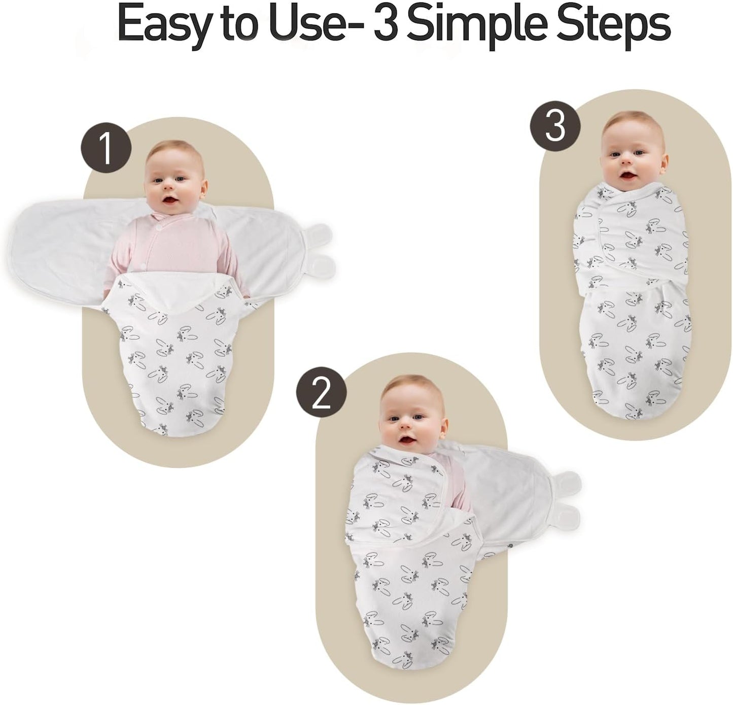 GLLQUEN BABY 3 Pack Newborn Swaddle - Baby Swaddle 0-3 Months for Baby Boys and Grils, Adjustable Sleep Sack for Newborns, Stripes & Bunnies, Swaddling Blankets