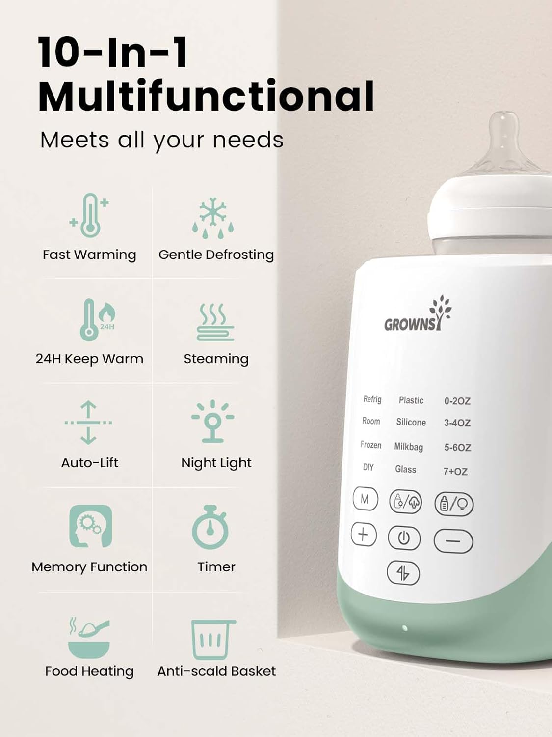 GROWNSY Nutri Bottle Warmer with Innovative Auto-Lift Feature, 10-in-1 Fast Baby Bottle Warmer with