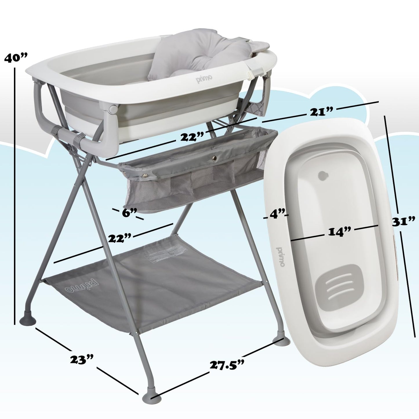 Primo SquishSplash Collapsible Baby Bath & Folding Stand With Ergonomic Infant Cushion for Newborns