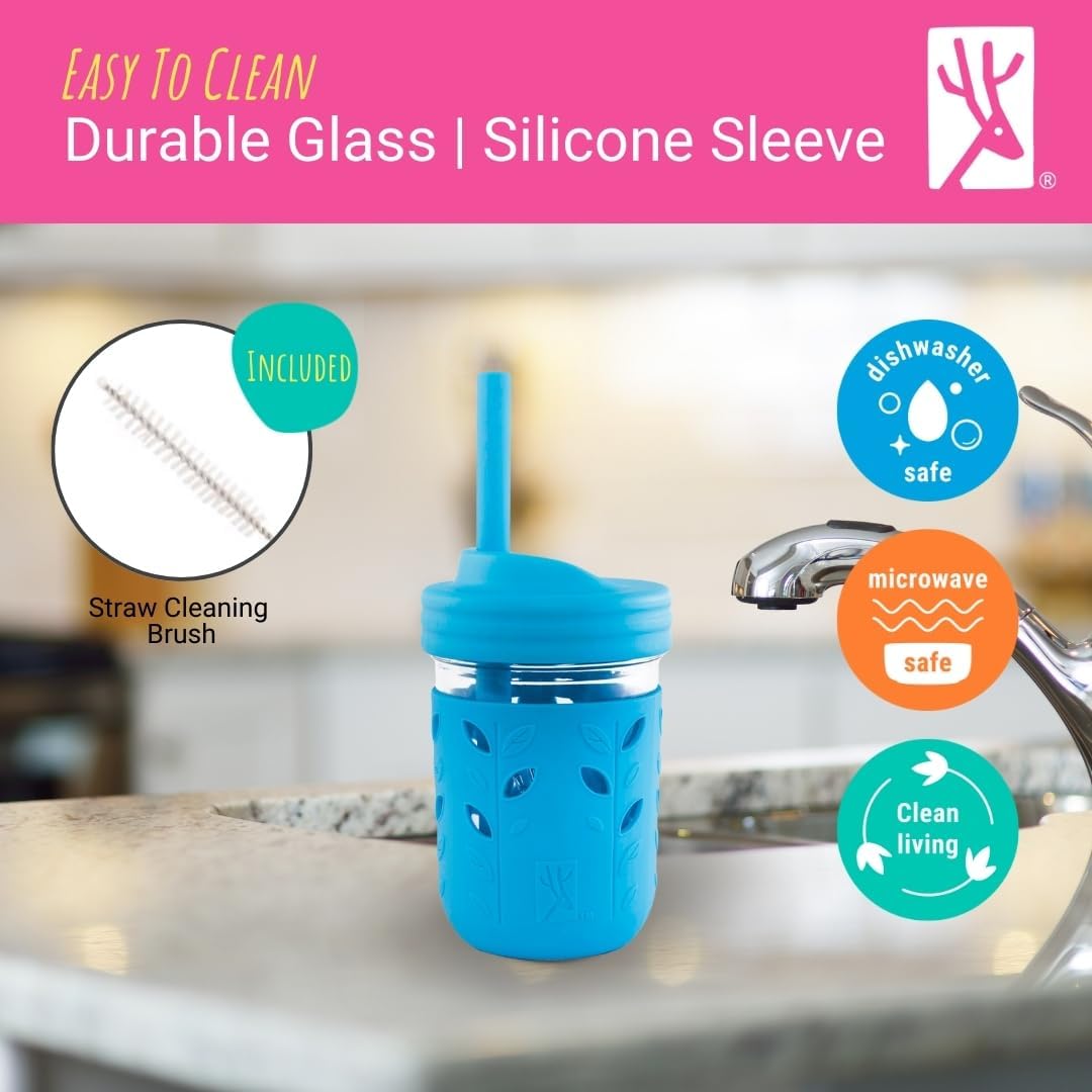 Elk and Friends Kids & Toddler Cups | The Original Glass Mason jars 8 oz with Silicone Straws with