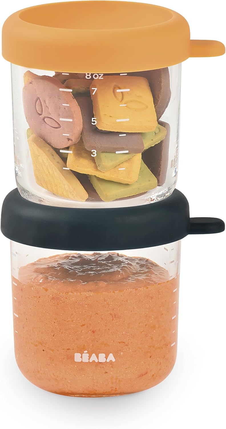 BEABA 2 Pack Glass Baby Food Jars with Soft Silicone Air Tight Lids, 8 oz Glass Storage Containers