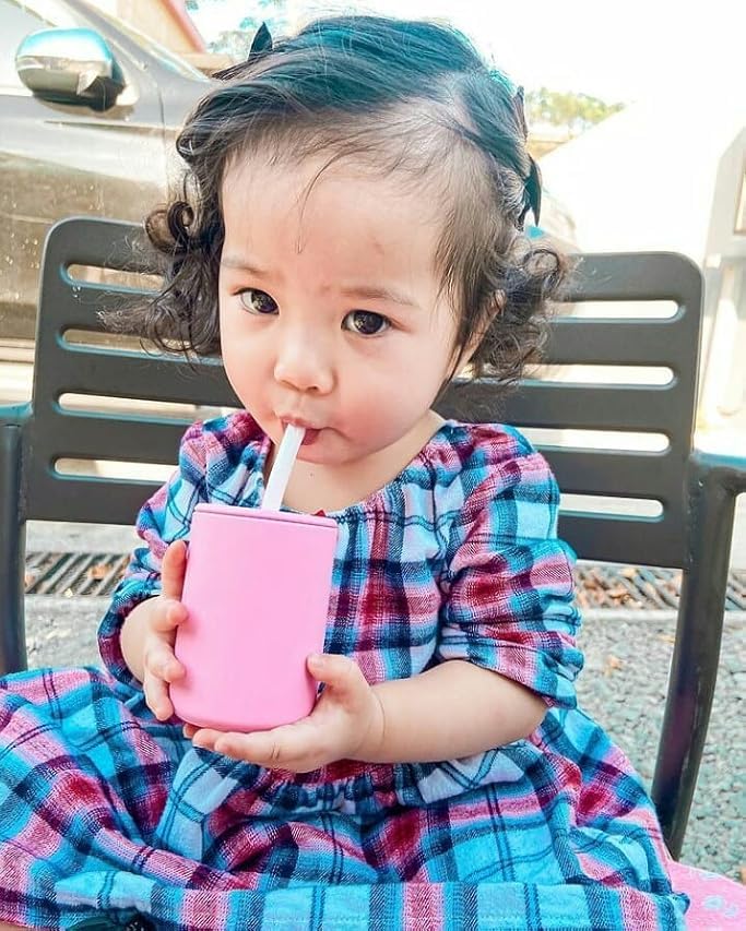 Avanchy Silicone Training Sippy Cup with Straw Lid – For Babies 6+ Months to Toddlers 1 Year Old – 8 oz Infant Water Cup for Baby Led Weaning, Orange