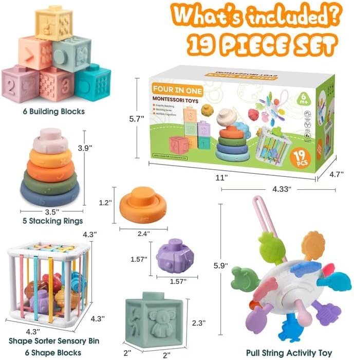 4-in-1 Baby Toys for 6-12 Months, Montessori Soft Stacking Blocks for Babies, Infants Teething Toys, Sensory Balls and Educational Learning Set for Toddlers (Boys & Girls)