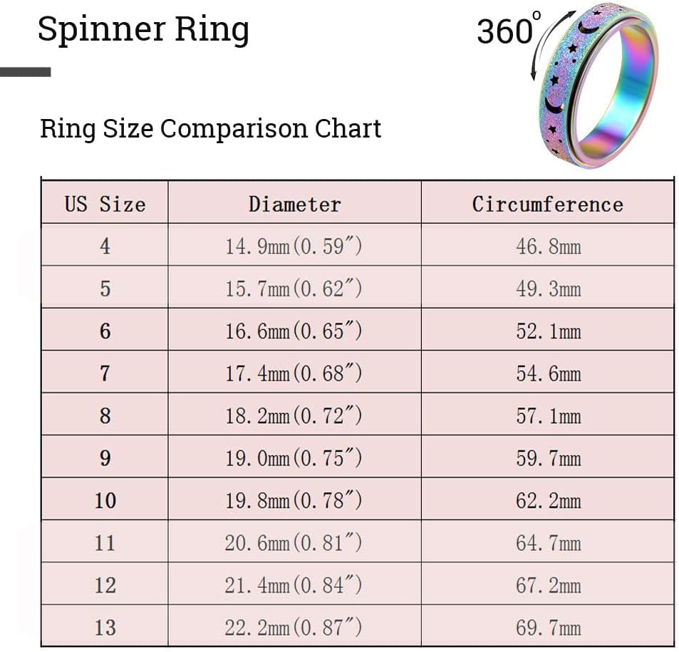 OreilleStar Anxiety Ring for Women Spinner Ring Fidget Ring Fidget Toys Adults Spinner Rings Stainless Steel Silver Rainbow Size 6 Moon Star Band