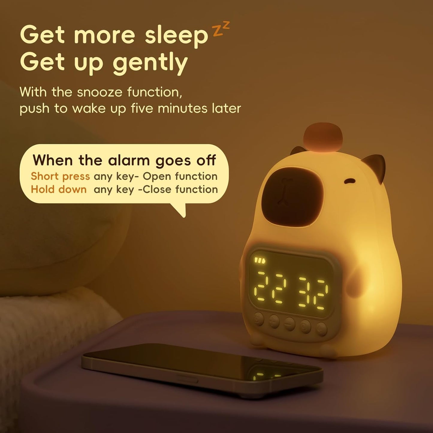Capybara Alarm Clock with Night Light for Kids, Cute Toddler Alarm Clocks for Bedrooms Ok to Wake Clocks for Girls and Boys, Silicone Animal Tabletop Lamp for Kid, RGB Color