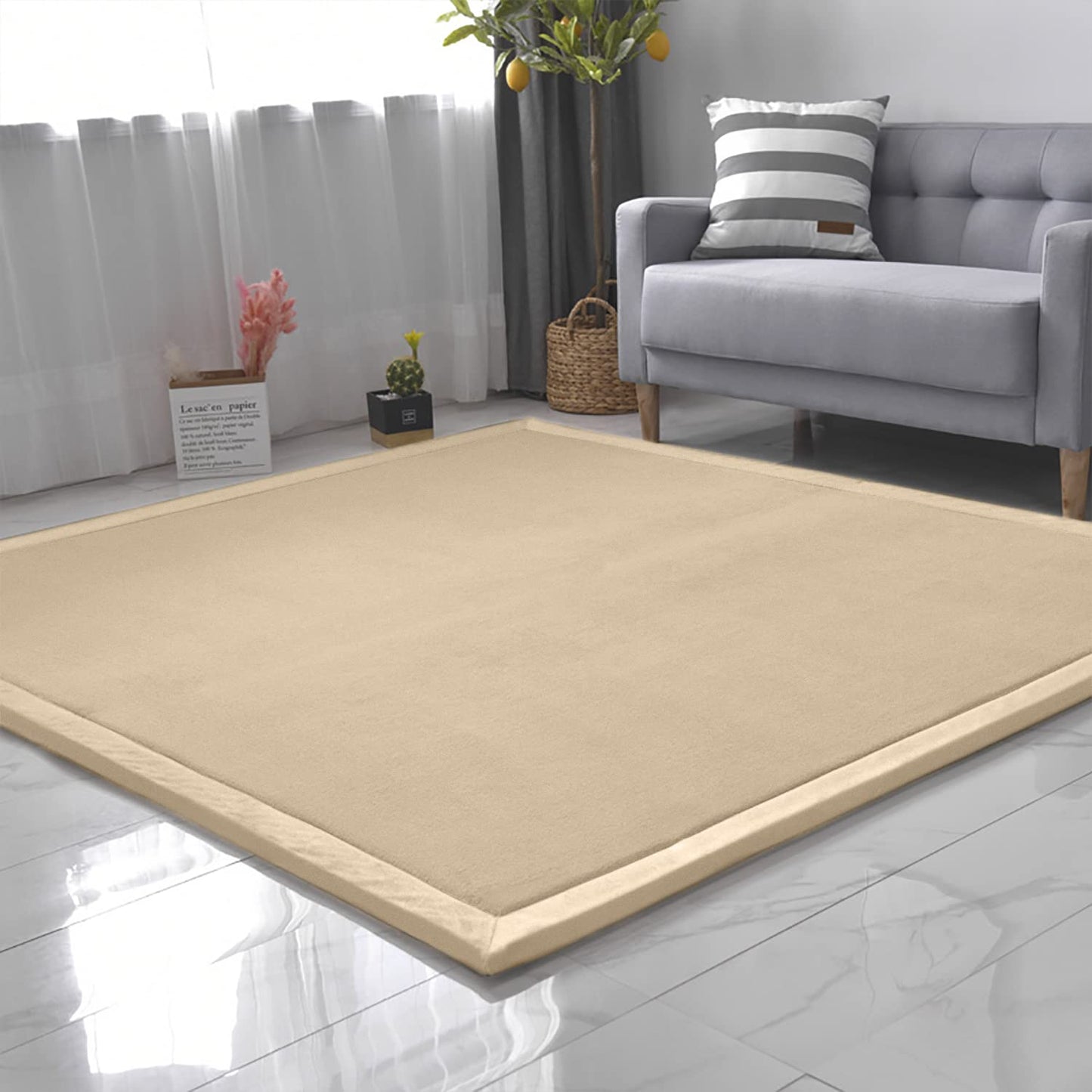 Loartee Coral Velvet Crawling Rug (6'8"x 6'8", Brown) for Toddler Children Play Area Rug Yoga Mat Exercise Pad