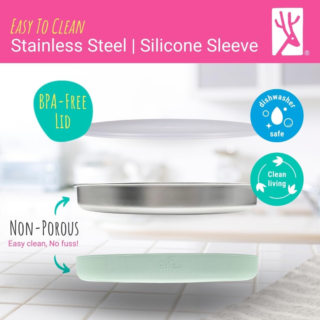 Elk and Friends 7.8” Stainless Steel Non Divided Plates with Silicone Sleeve + Storage Lid | Baby, Toddler, Kids | Dishwasher Safe | Dinner & Snack Plates | 4 Pack
