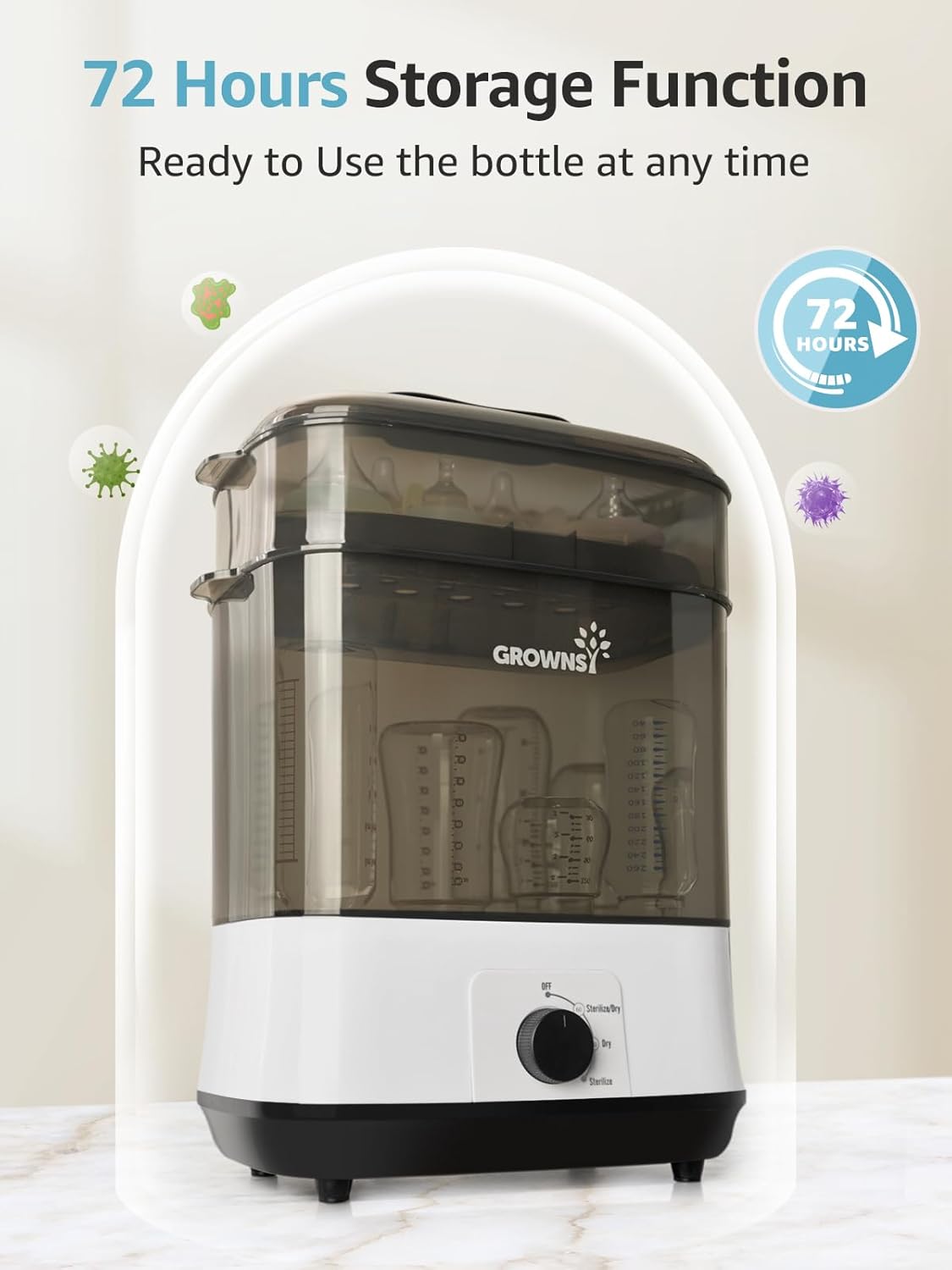 GROWNSY Adjustable 3 IN 1 Large Bottle Sterilizer and Dryer, Electric Steam Baby Bottle Sterilizer