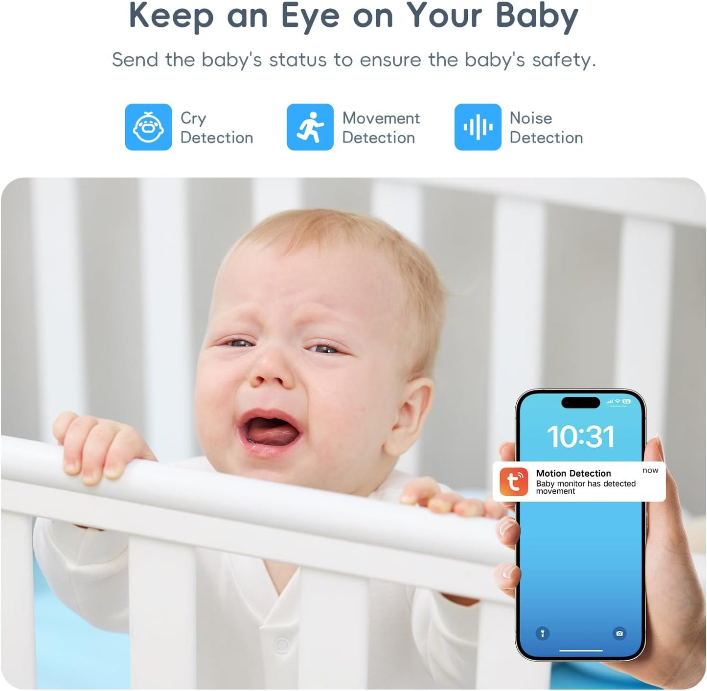 Baby Monitor with Camera and Audio, 2K HD Smart Video Baby Camera WiFi 5" Screen, Night Vision, Temp Humidity Sensor, 2 Way Talk, Lullaby, Sleep Mode, Cry Detection, 1000ft Range, App Control
