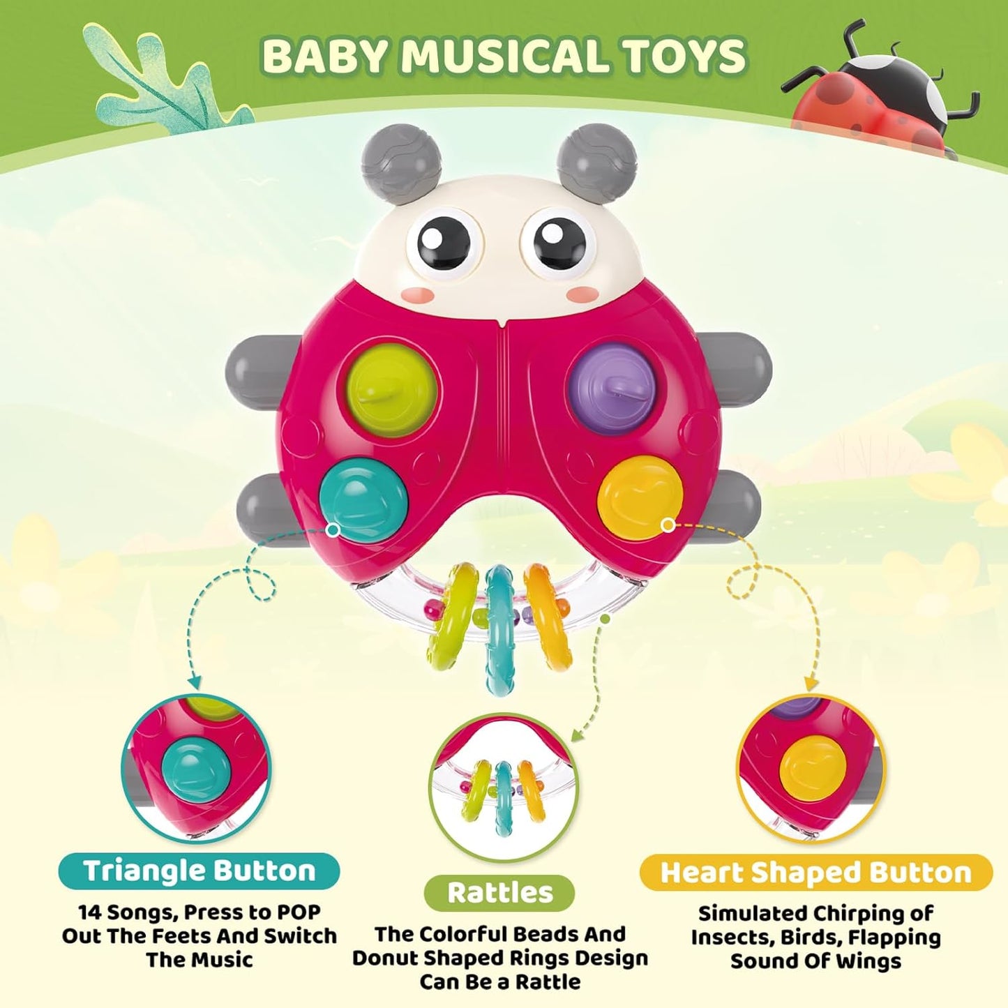 Ladybug Baby Light Up Toys with Rattle Led Light Music, Interactive Educational Fine Motor Development Toy for 3-6-12-18-24 Months Baby Toddler - Red