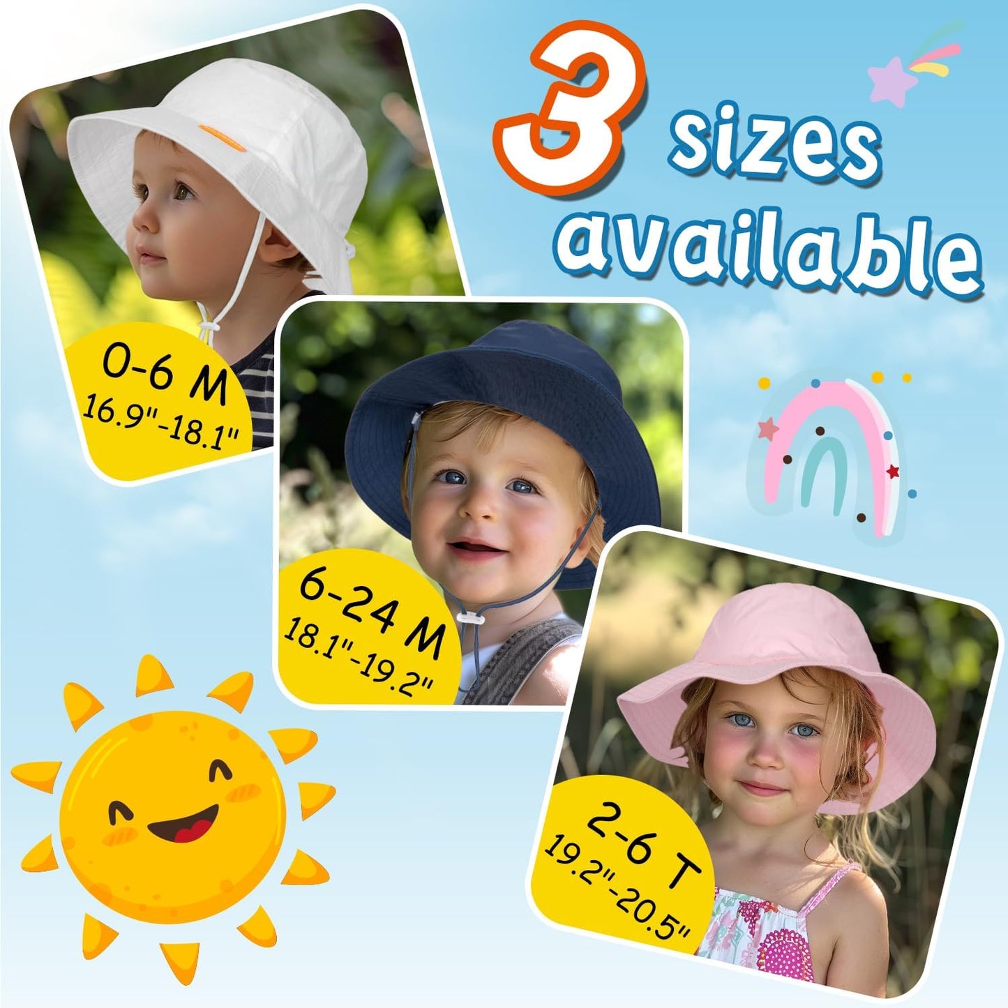 Baby Sun Hat Kids Summer UPF 50+ Toddler Bucket Hat Wide Brim Adjustable Beach Hats for Boys Girls Age 0-6 Years
