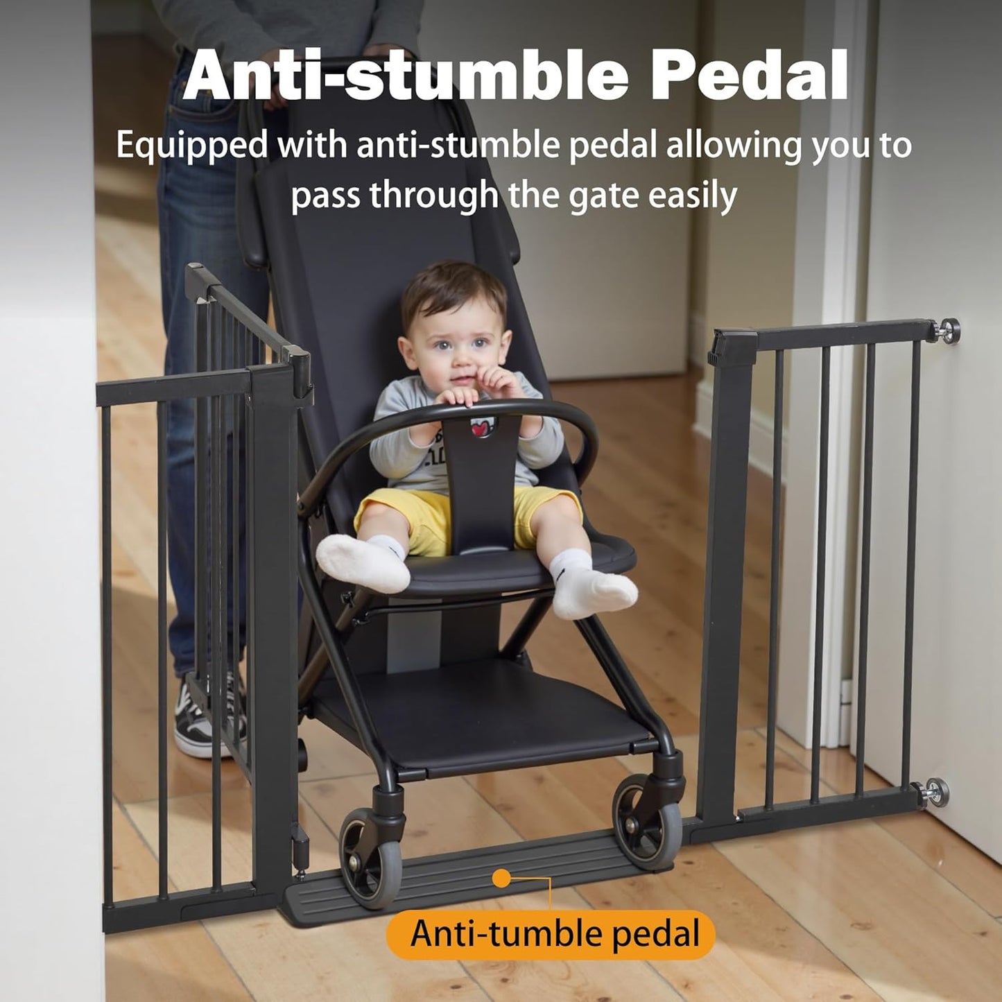 Baby Gate for Stairs - 29.6-46" Auto Close Dog Gate for Doorways, Extra Wide Child Gate Indoor, Walking Through Safety Gate for Kid, Pet Gates No Drilling Black, Mom's Choice Awards Winner