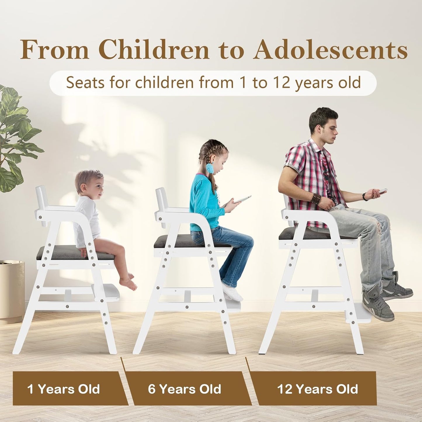 Solid Wood High Chair for Toddlers to Teens, Adjustable Height Toddler Dining Chair, Easy to Clean