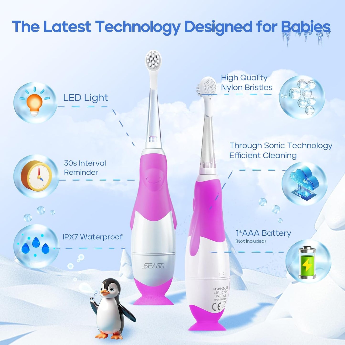 SEAGO Toddler Electric Toothbrushes for Baby Ages 0-3 Years, Baby Toothbrush with Smart Timer and
