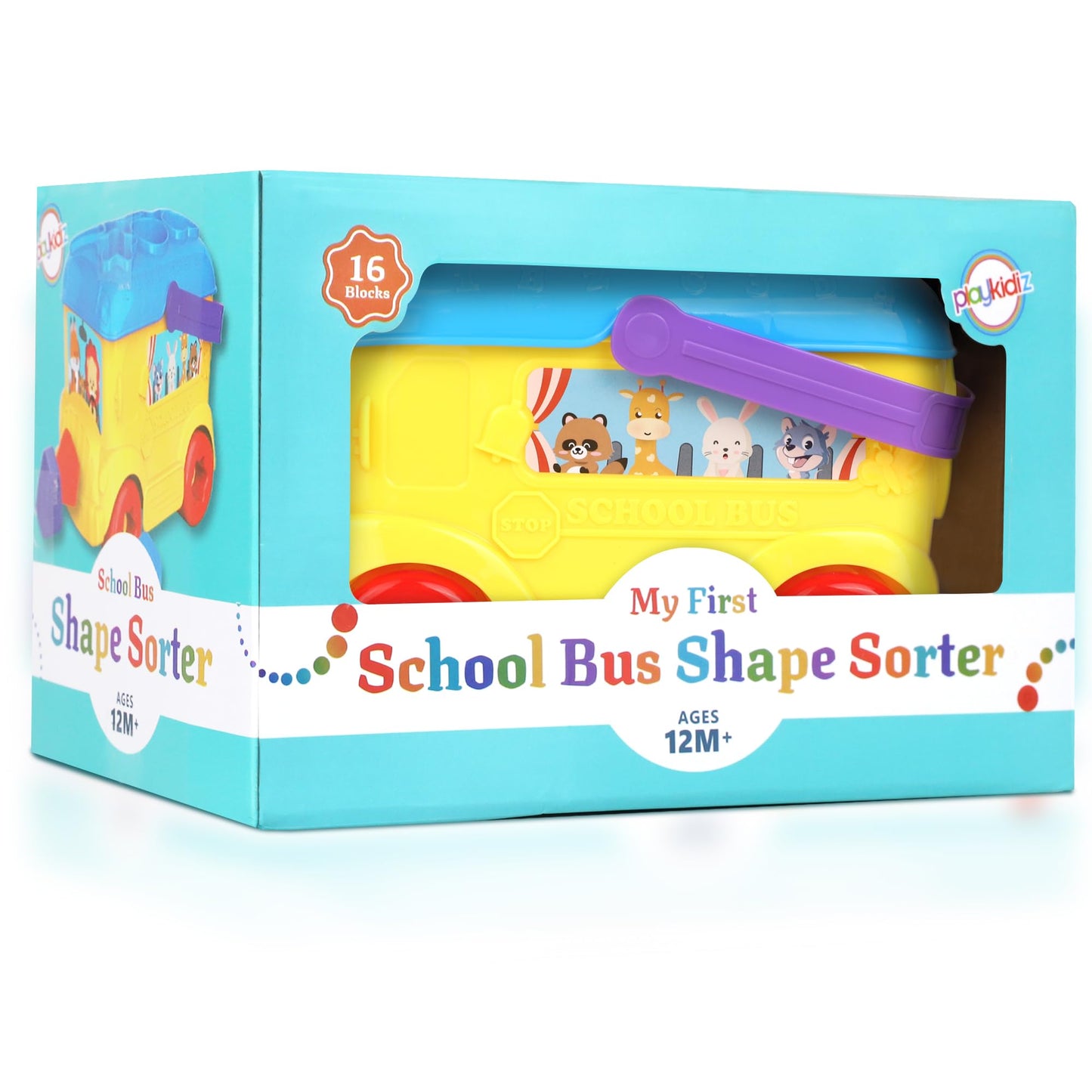 Playkidiz Bus Shape Sorter Toy - Kids Block Sorter with 16 Colorful Shapes - Sorting Toys for