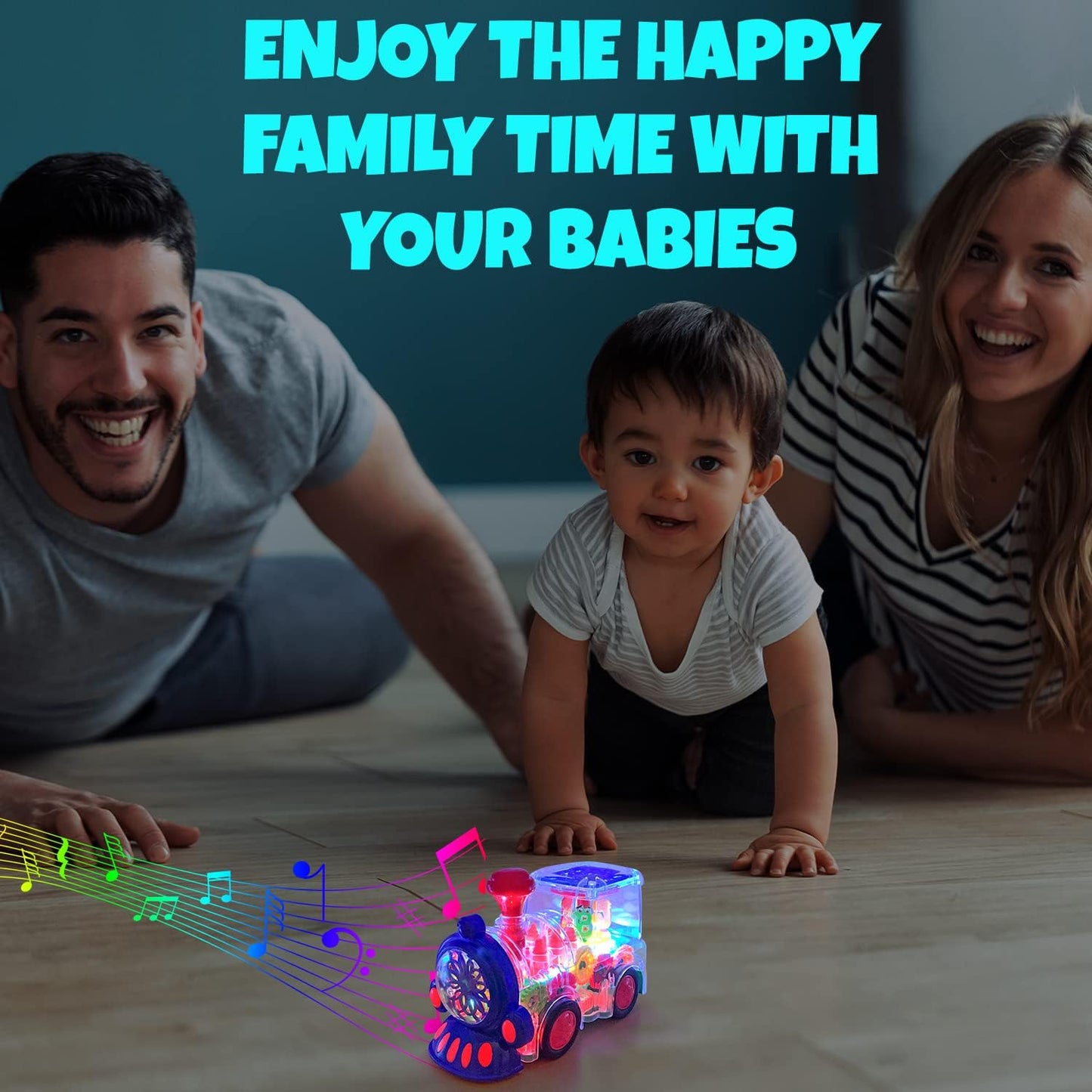Transparent Sensory Train Toy - Fun and Interactive Toy for Kids - Music Train with LED Light up - Colorful Moving Gears -Tummy Time Crawling Baby Toys - Birthday Gift Idea for Boys & Girls