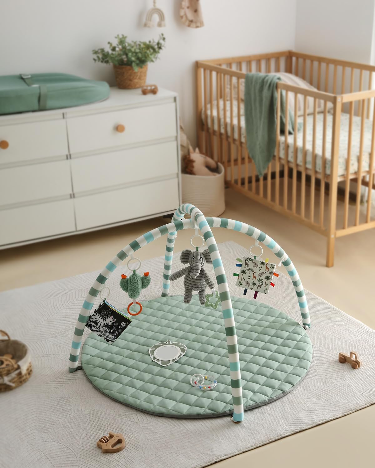 Blissful Diary Baby Play Gym Mat, Tummy Time Mat with 6 Detachable Toys for Stage-Based Sensory & Motor Skill Development, Baby Activity Mat Easy to Install & Clean, Baby Essentials Gift, Sage Green