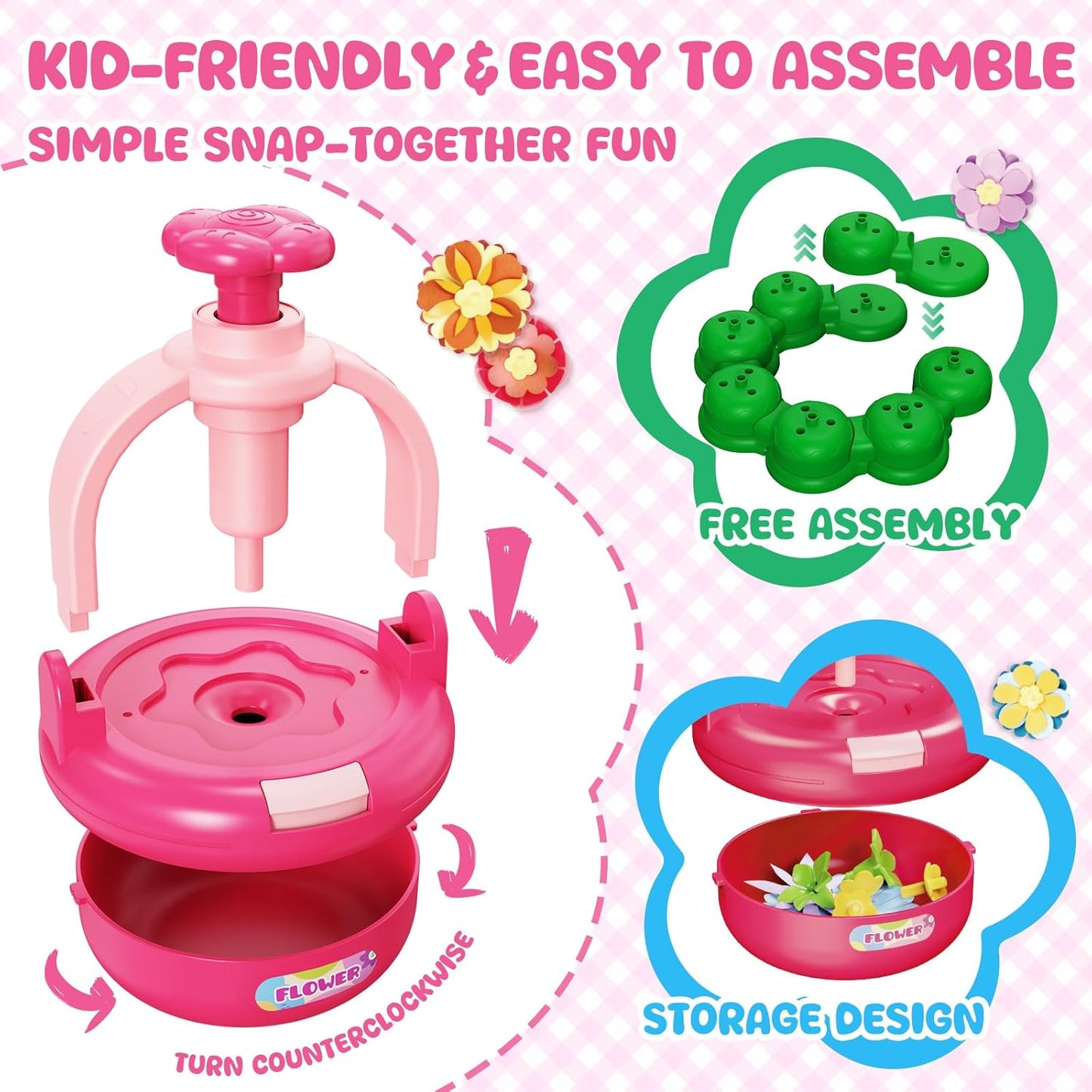 Einailvk Fabric Flower Bouquets Toys, DIY Flower Making Kit for Kids 3 4 5 6 7 8 9 10 11 12 Year Old Girl Birthday Christmas Gift, Art and Crafts Kit Toys for Girls 3-12 Year Old (Pink)