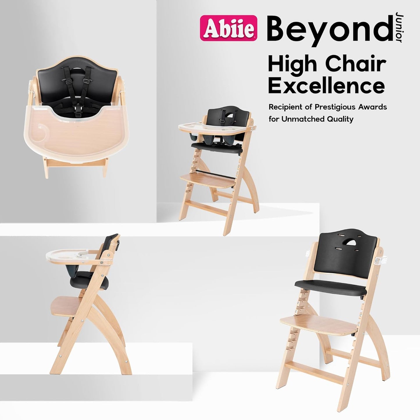 Abiie Beyond Junior Wooden High Chair with Tray - Adjustable and Convertible High Chair for Babies