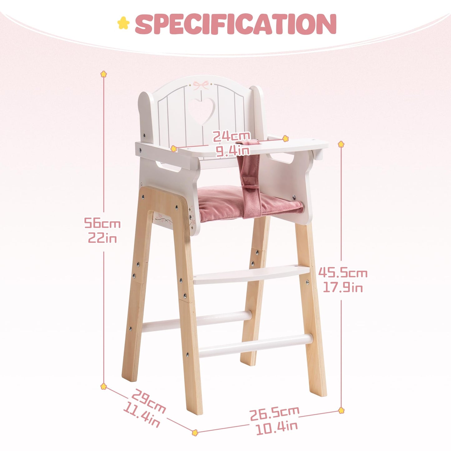 ROBOTIME Wooden Baby Doll High Chair for 18 Inch Dolls, Pink