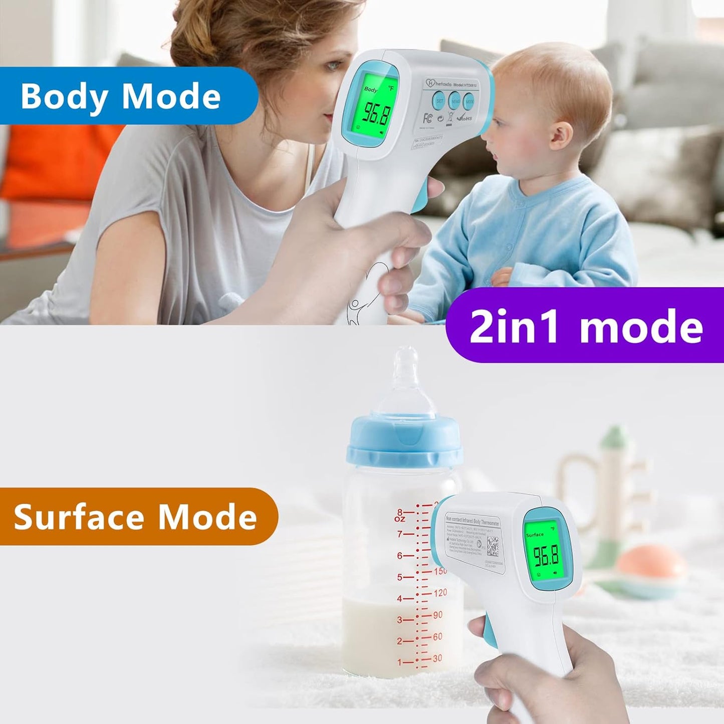 Digital Thermometer for Adults and Kids, No Touch Forehead Thermometer for Baby, 2 in 1 Body