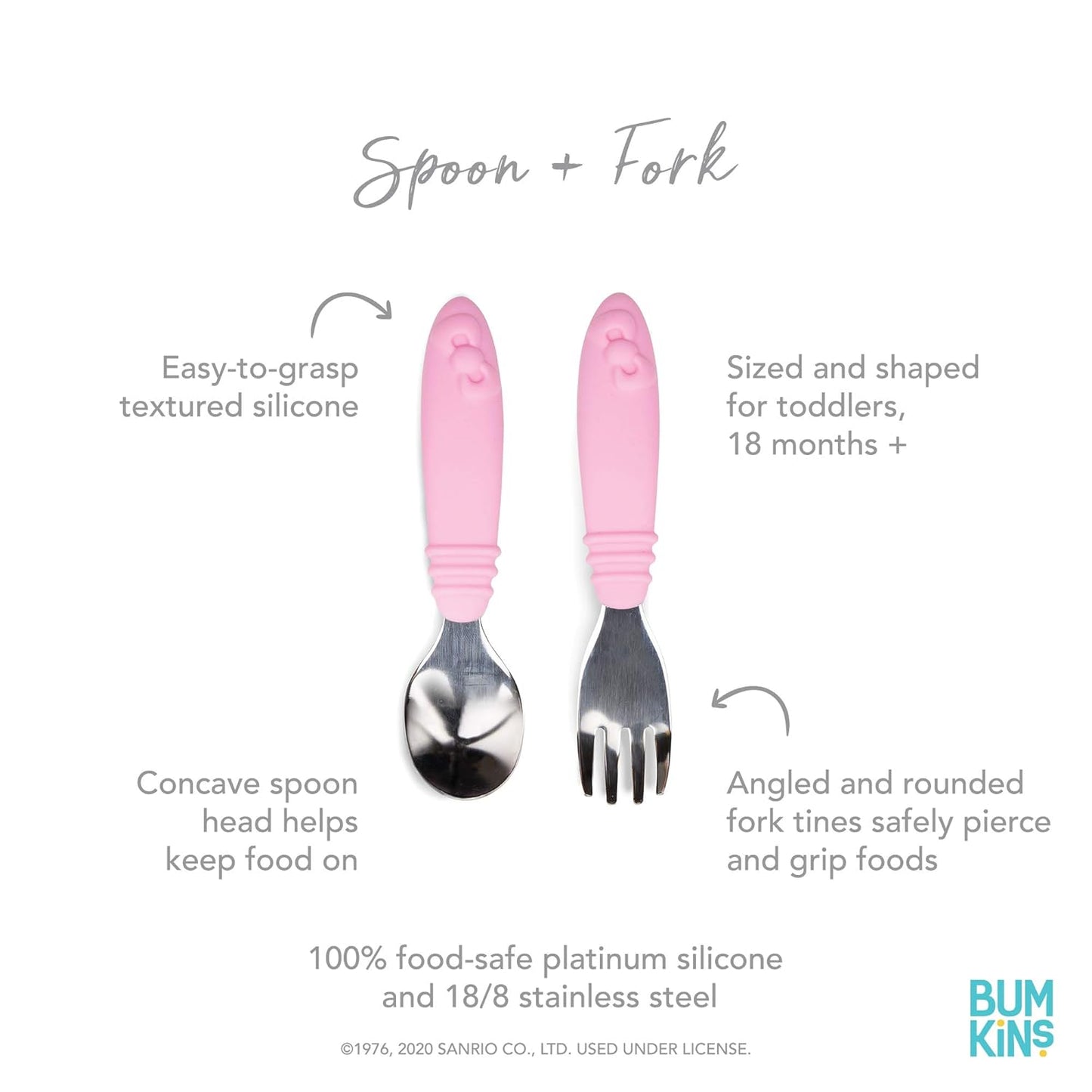 Bumkins Toddler Utensils, Kids Size Fork and Spoon Set, Silicone and Stainless-Steel Training Silverware, Angled Fork / Spork for Self-Feeding, Children Learning to Eat, 18 Mos Up, Hello Kitty Pink