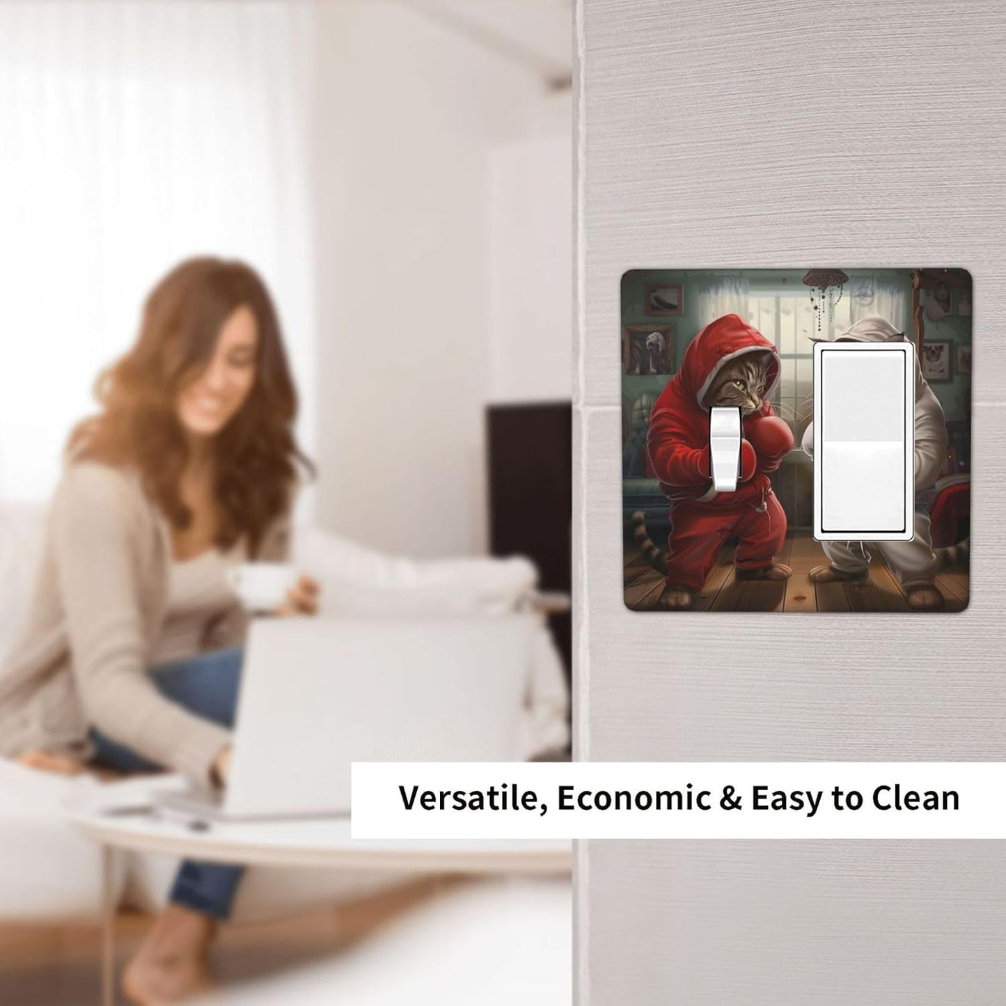 Decorative Outlet Covers Funny Red Boxing Cats White Tomcat 2 Gang 1 Gang Wall Plate Cover Single Toggle Rocker Combo Light Switch Cover Plate Face Plate for Bedroom Home Decor