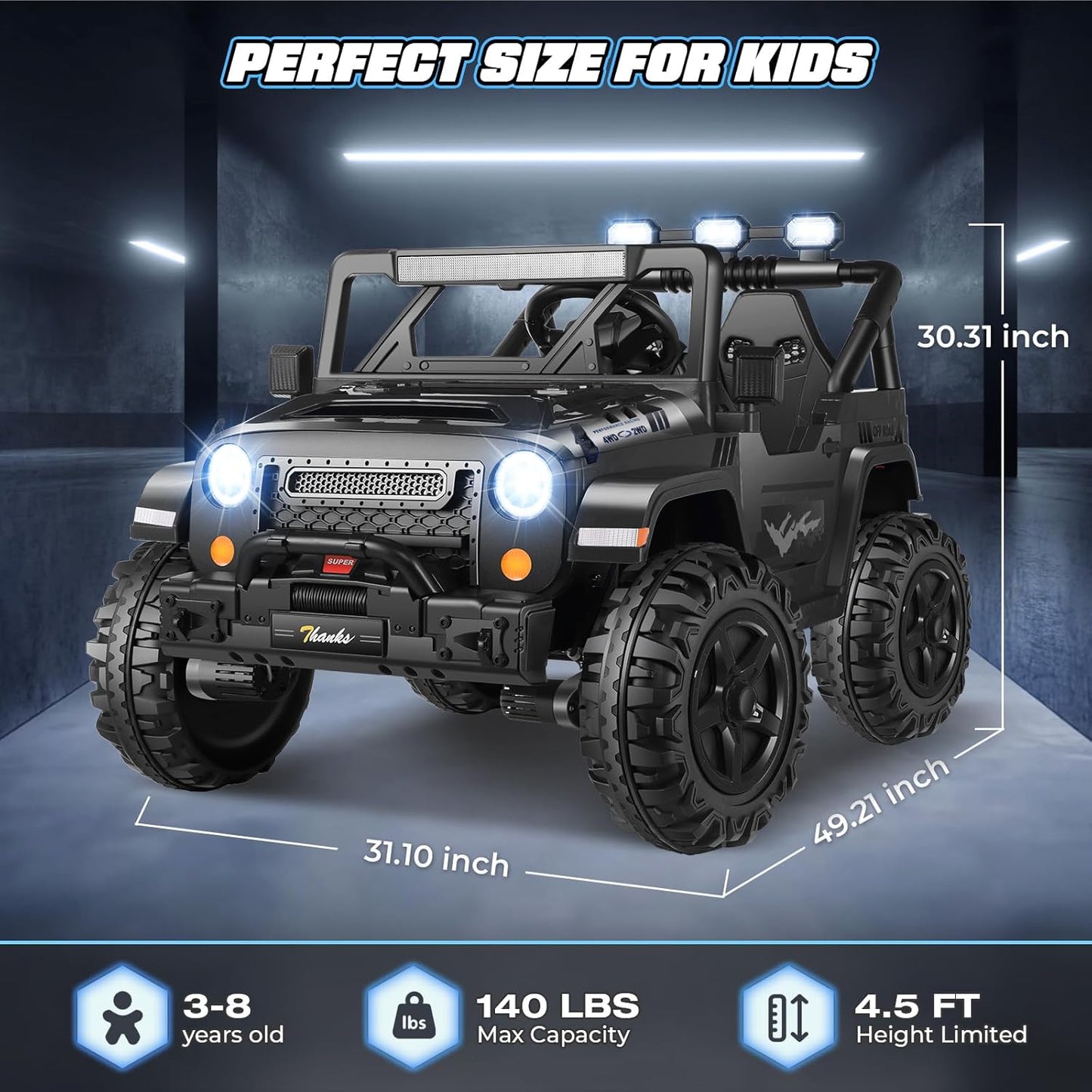 Hikole 24V 4x4 Ride on Toys for Big Kids - 4WD/2WD Switchable 2 Seater Battery Car with Remote Control, 4x200W Motors, 5 Mph Max Speed, Music, Electric Car for Boys Girls, Black