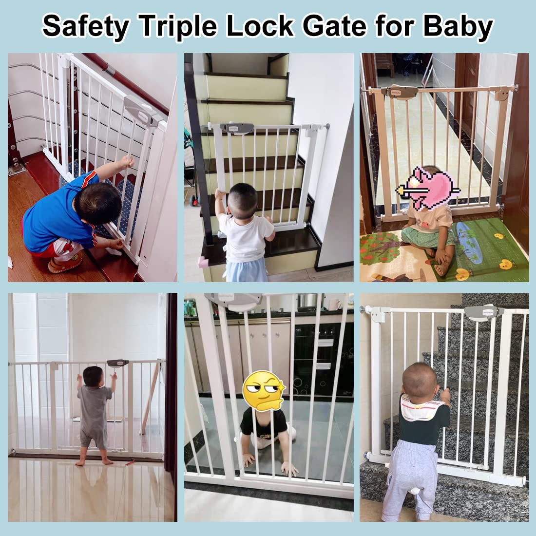 WAOWAO Triple Lock Baby Gate Extra Wide 62.59-67.32" Pressure Mounted Walk Through Swing Auto Close Safety White Metal Dog Pet Puppy Cat for Stairs,Doorways,Kitchen