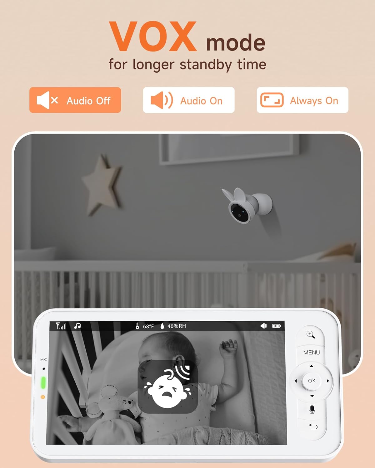 ARENTI Baby Monitor with 2 Cameras, 2K Smart Baby Camera with 5'' Upgraded Wireless Display, Super Night Vision, Breathing Light, Lullabies, Cry&Motion Detection, Temp&Humidity Sensor, 2 Way Audio