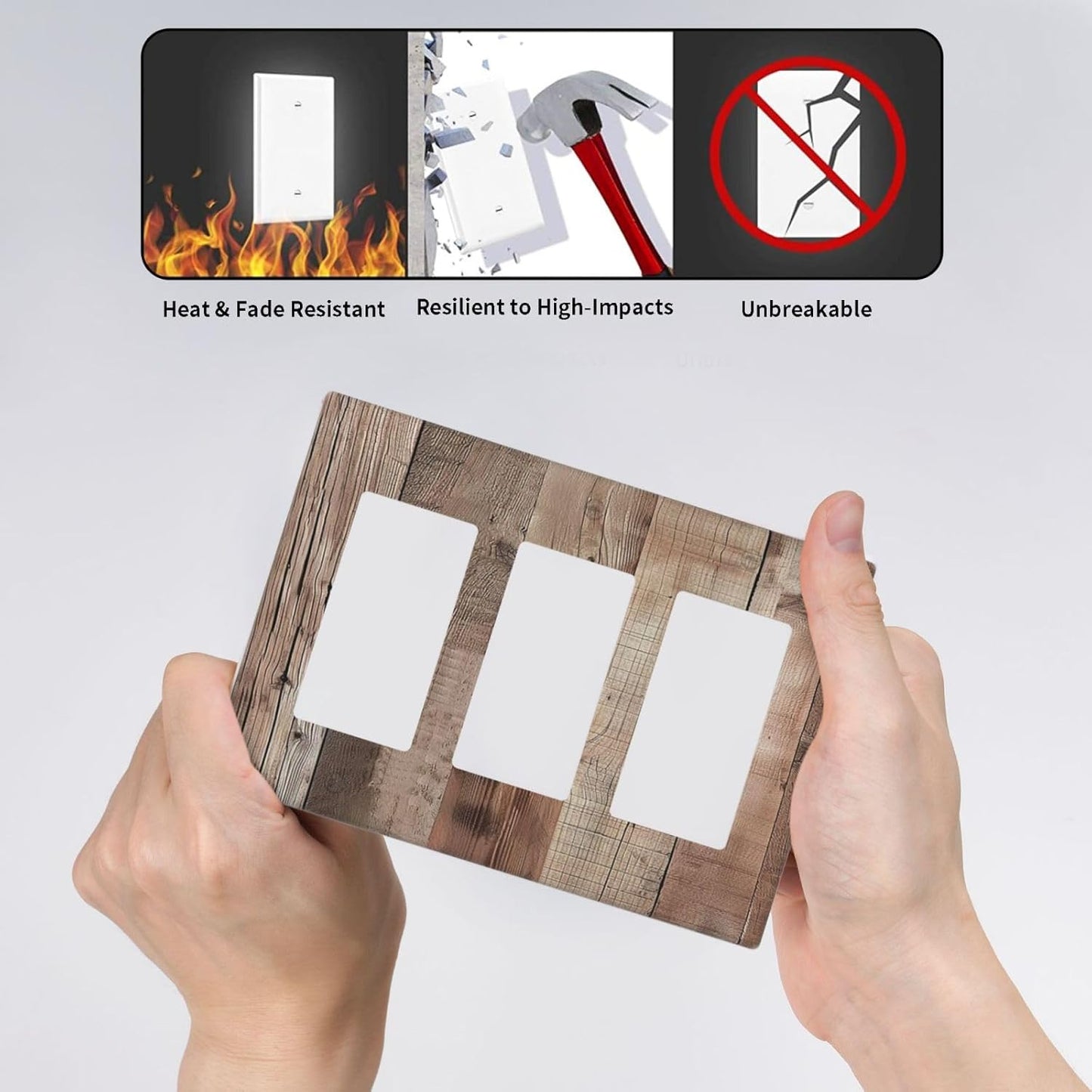 Decorative Outlet Covers Retro Wood Plank Vintaga Wooden Board 3 Gang Wall Plate Triple Rocker Light Switch Cover Plate Jumbo Electrical GFCI Faceplate for Bedroom Home Decor