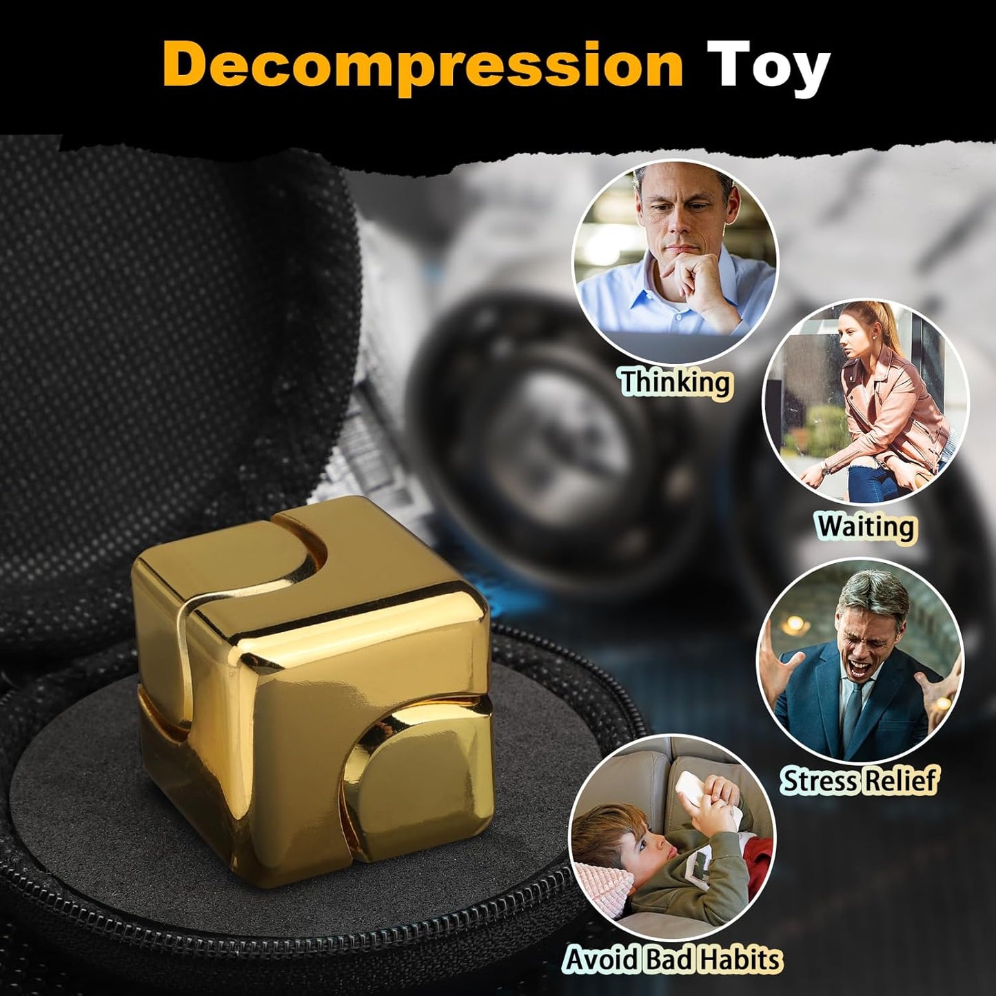 Metal Cube Fidget Spinner Toy for Kids Adults, Gold Cube Fidget Block Figner Spinner Focus 2 in 1