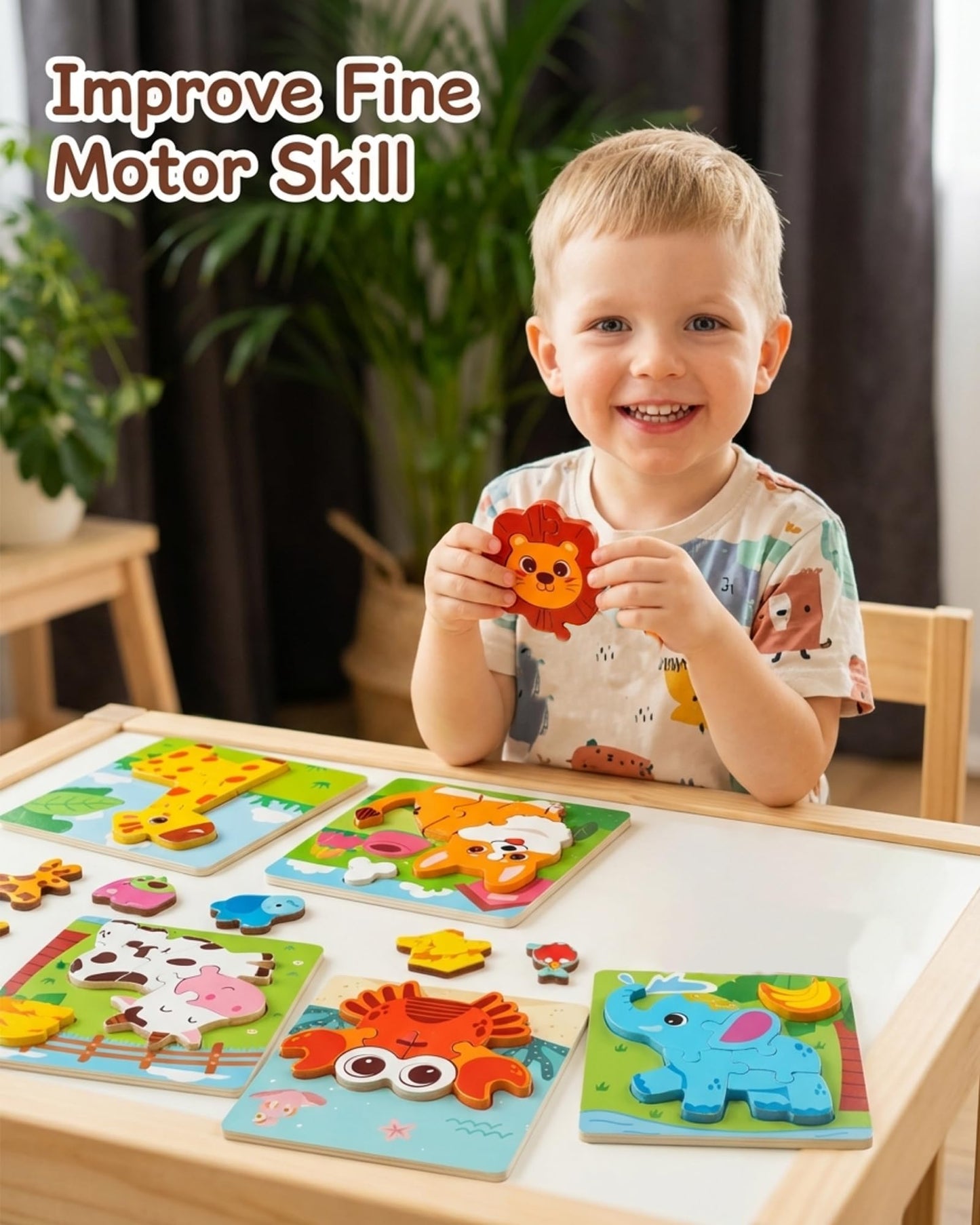 YUNCHY Wooden Puzzles for Toddlers 1-3, 6pcs Animal Jigsaw Puzzles for Toddlers, Montessori