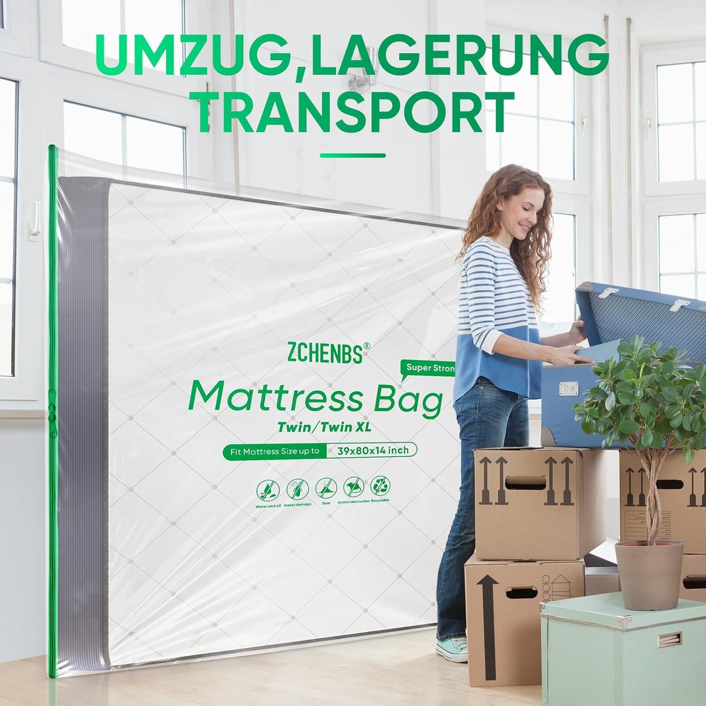 ZCHENBS® – Mattress Bags for Moving and Storage,Mattress Bag with Zippers,5 Mil Ultra-Thick Bed Bag,Waterproof,Anti-Tear,Heavy-Duty Mattress bag (Tansparent/Green, Green-Twin/Twin XL-(1 Pack))