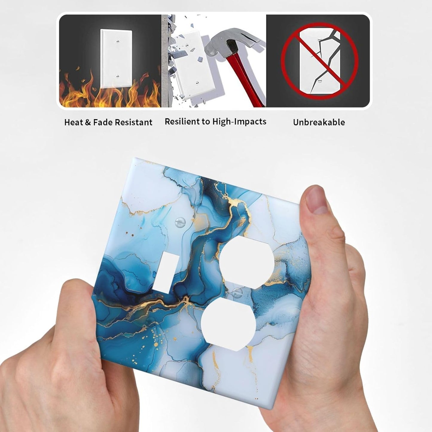 Decorative Outlet Covers Modern Abstract Blue Gold Line Marble 2 Gang Wall Plate Cover Single Toggle Duplex Combo Two Switch Light Switch Cover Plate Jumbo Dual GFCI Faceplate