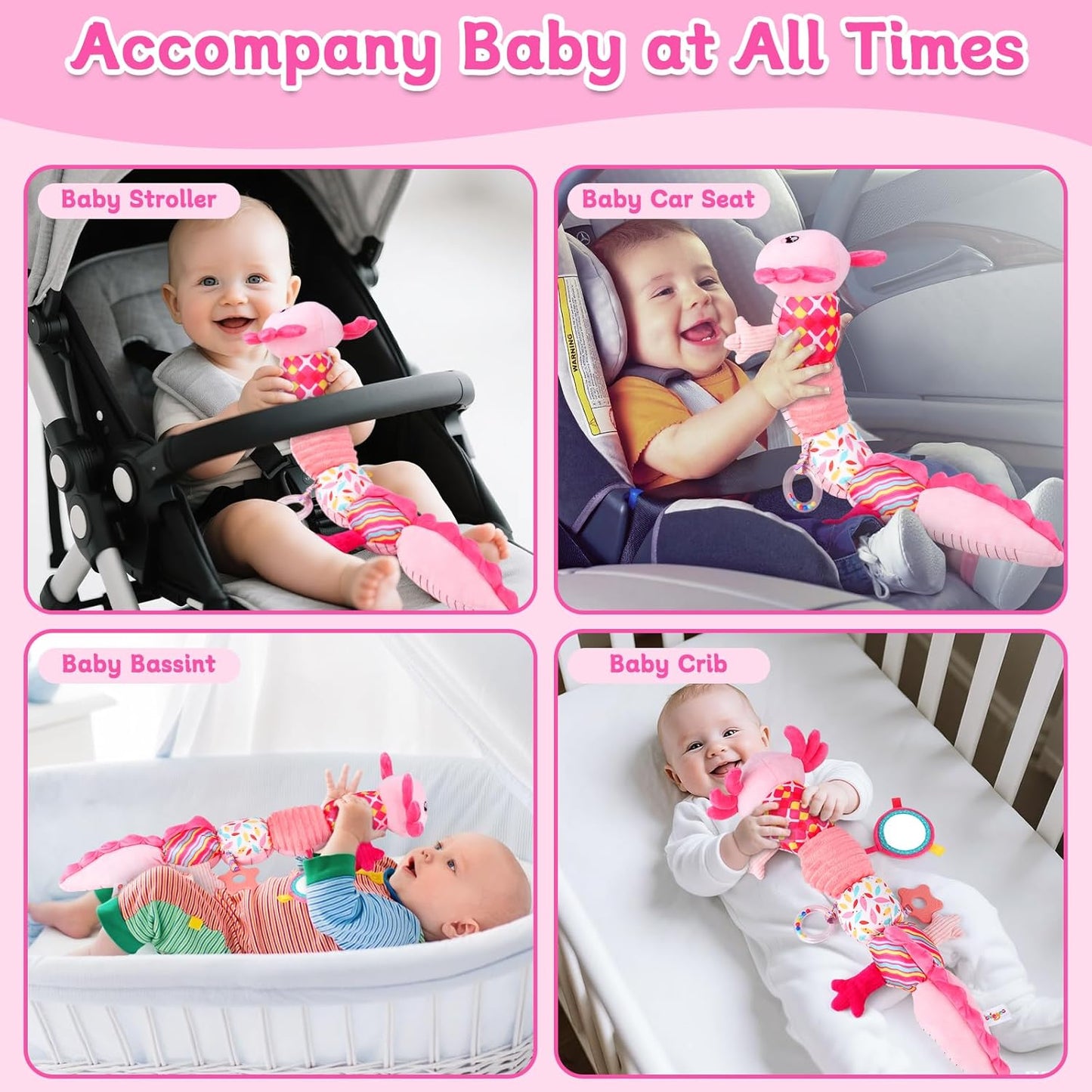 Baby Girls Toys 0-6 6-12 Months,Sensory Axolotl Caterpillar Toys Baby Rattles Musical Tummy Time Toys for 0 3 6 9 12 Months Stuffed Plush with Crinkle, Mirror,Teether for Infant Newborn Shower Gifts