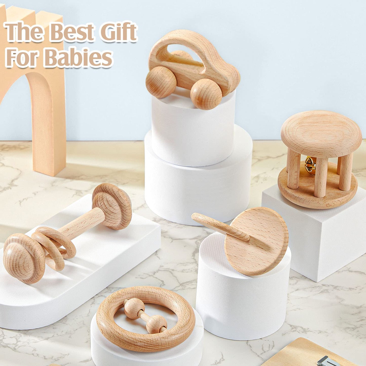 Zhanmai 5 Pcs Wooden Baby Toys Montessori Toys for 0-6-12 Months Sensory Baby Rattles with Bells