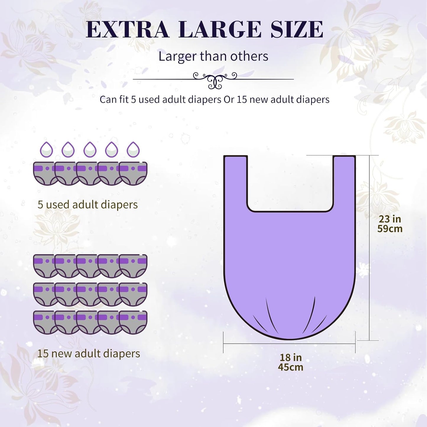 Large Adult Diaper Disposal Bags (18?™’x23?™â€?,96 Pcs, Scented, Elderly Waste Disposal, Baby Diapers Disposal Trash Bags, Sanitary Product Disposal at Home and Travel, Purple
