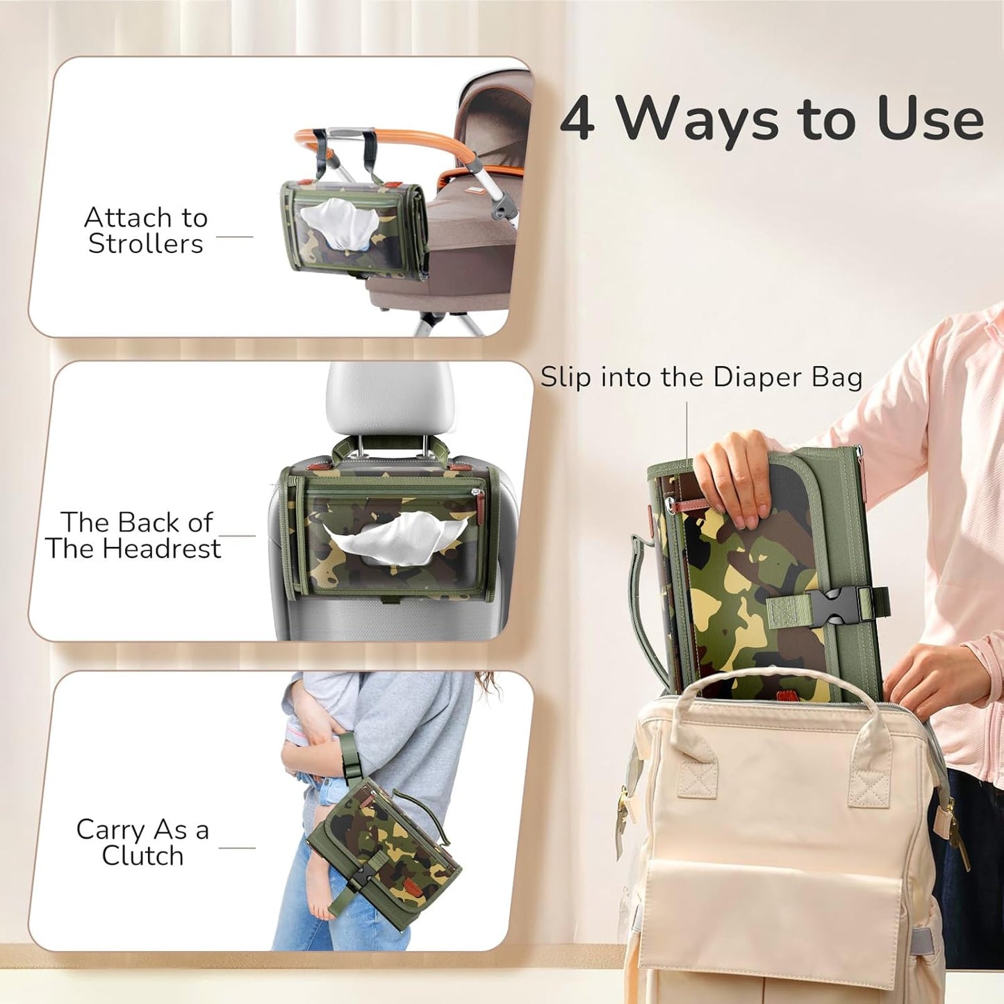 Portable Diaper Changing Pad for Baby, Detachable Travel Changing Pad with Baby Wipes Pocket, Gifts for Baby Shower, Newborn Girls and Boys (Green Camo)