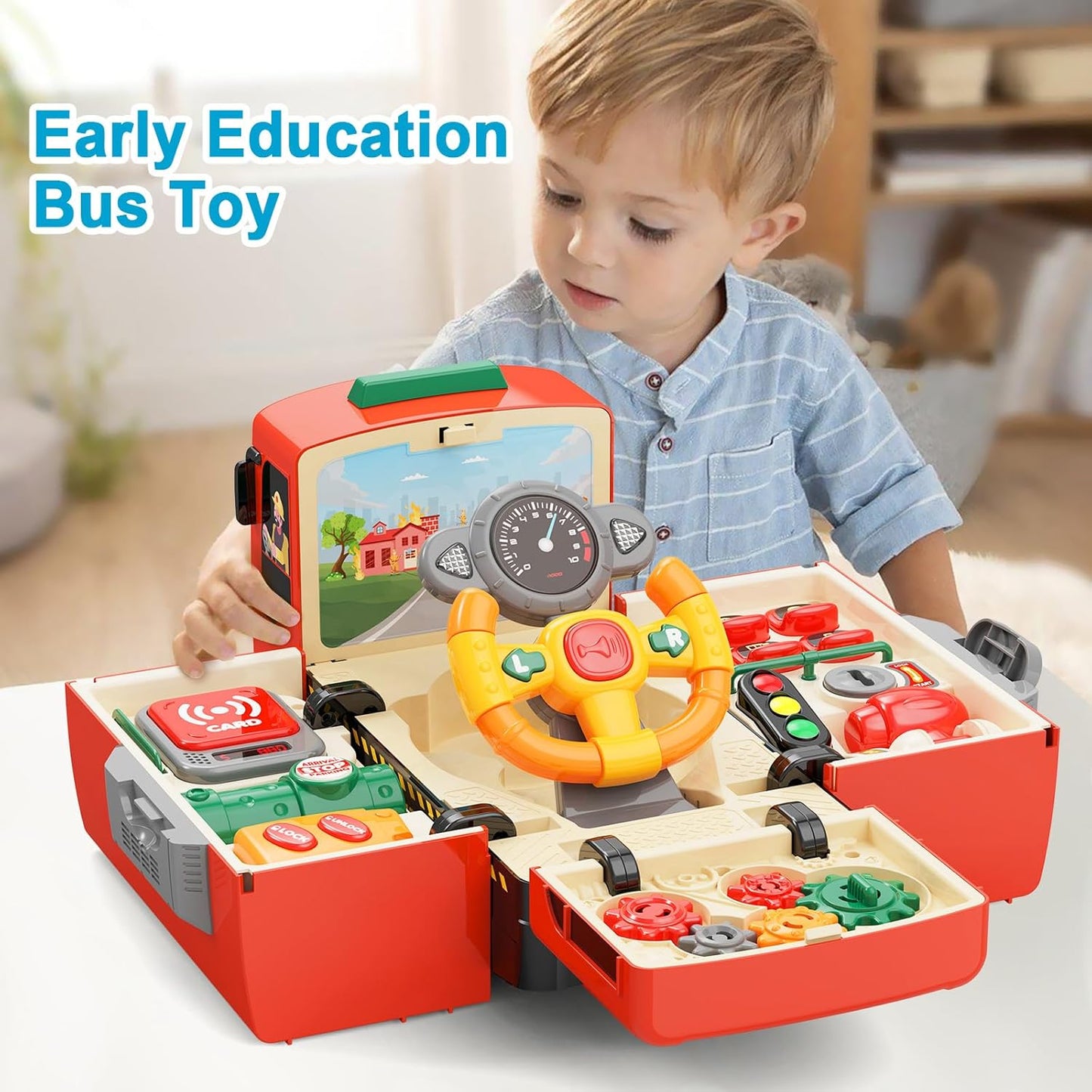 HONGTUO Fire Truck Toys with Teaching Meaning, Simulation Steering Wheel Driving Toy, Toddlers Fire Truck Toy with Sound and Light, Simulate a Rescue fire Scene,Gift for 3-5 Boys & Girls