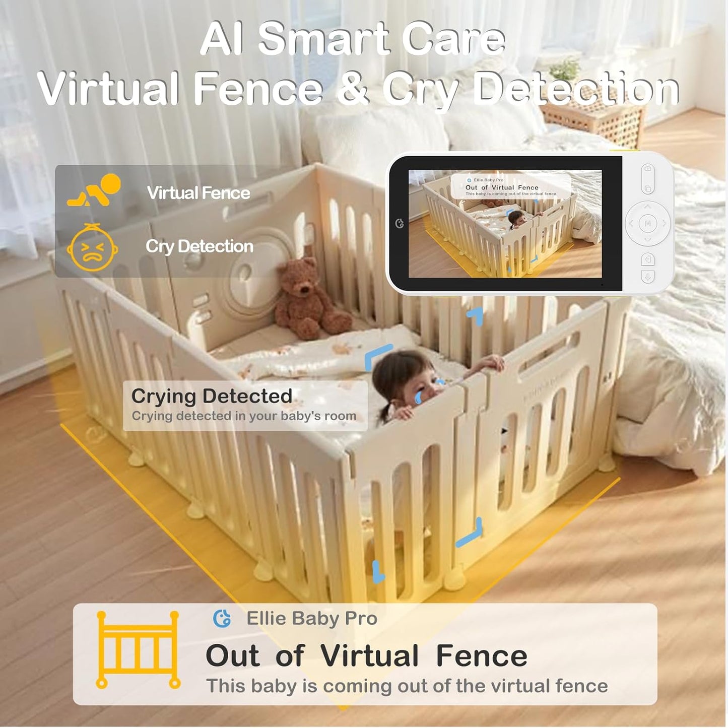 Ellie Pro Baby Monitor with Camera and Audio,5'' IPS 2K UHD Resolution,6000mAh Battery, Remote Pan-Tilt-5X Zoom, 2-Way Talk,No WiFi, Night Vision, Virtual Fence, Breathing Detection and 1000ft Range